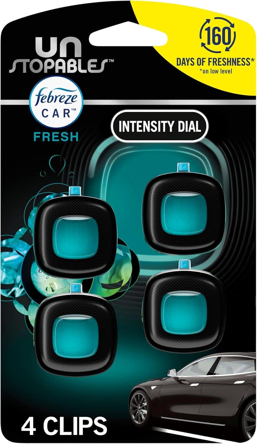 Febreze Car Air Freshener, Odor-Fighting Automotive Vent Clip, Scented Car Accessories, Long Lasting for Strong Odors, Unstopables Fresh Scent, .07 fl oz, 4 Count