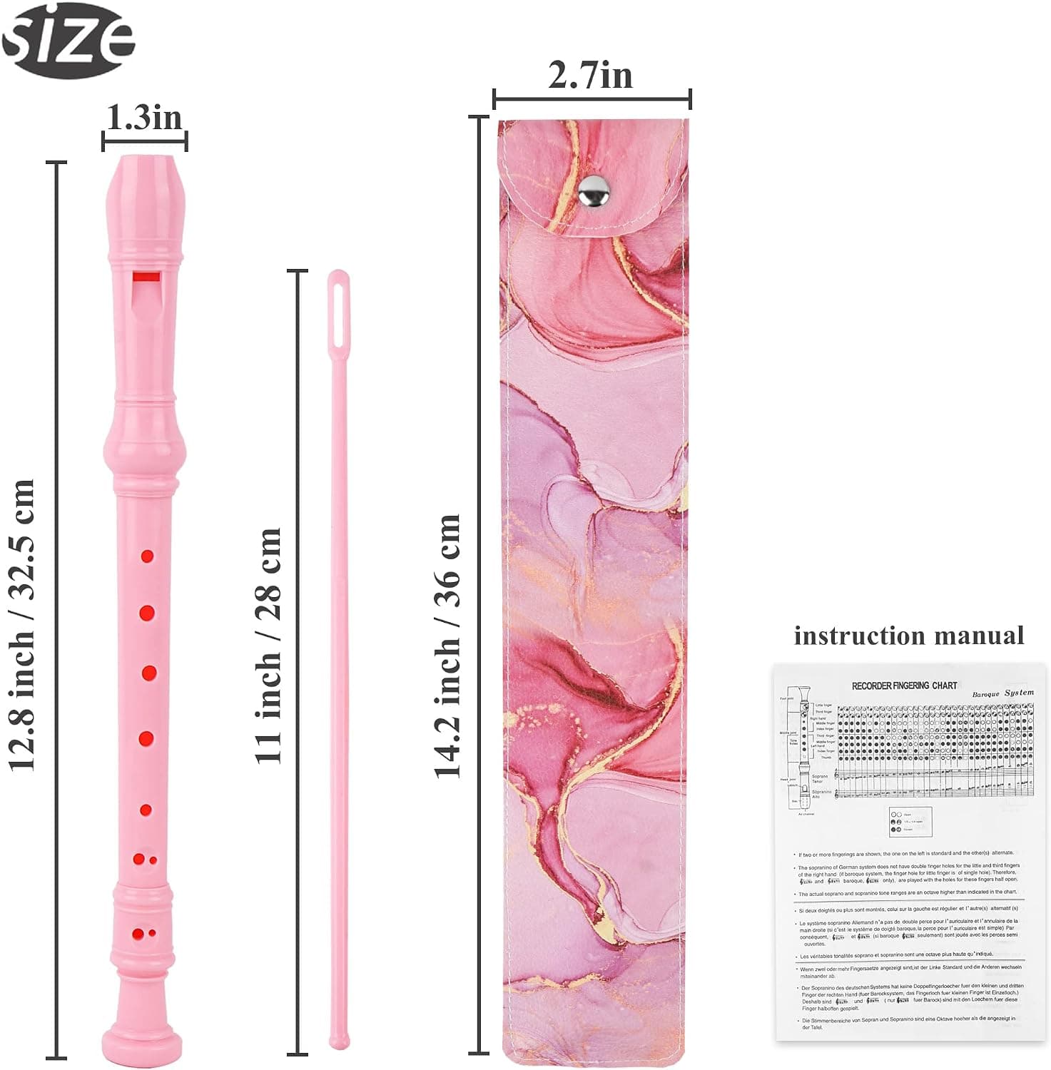 Recorder Instrument for Beginner Adults,8-Hole Soprano Descant Recorder Music Flute with with Cleaning Rod & Leather Case For Home Entertainment(2-Pink Splash-ink）