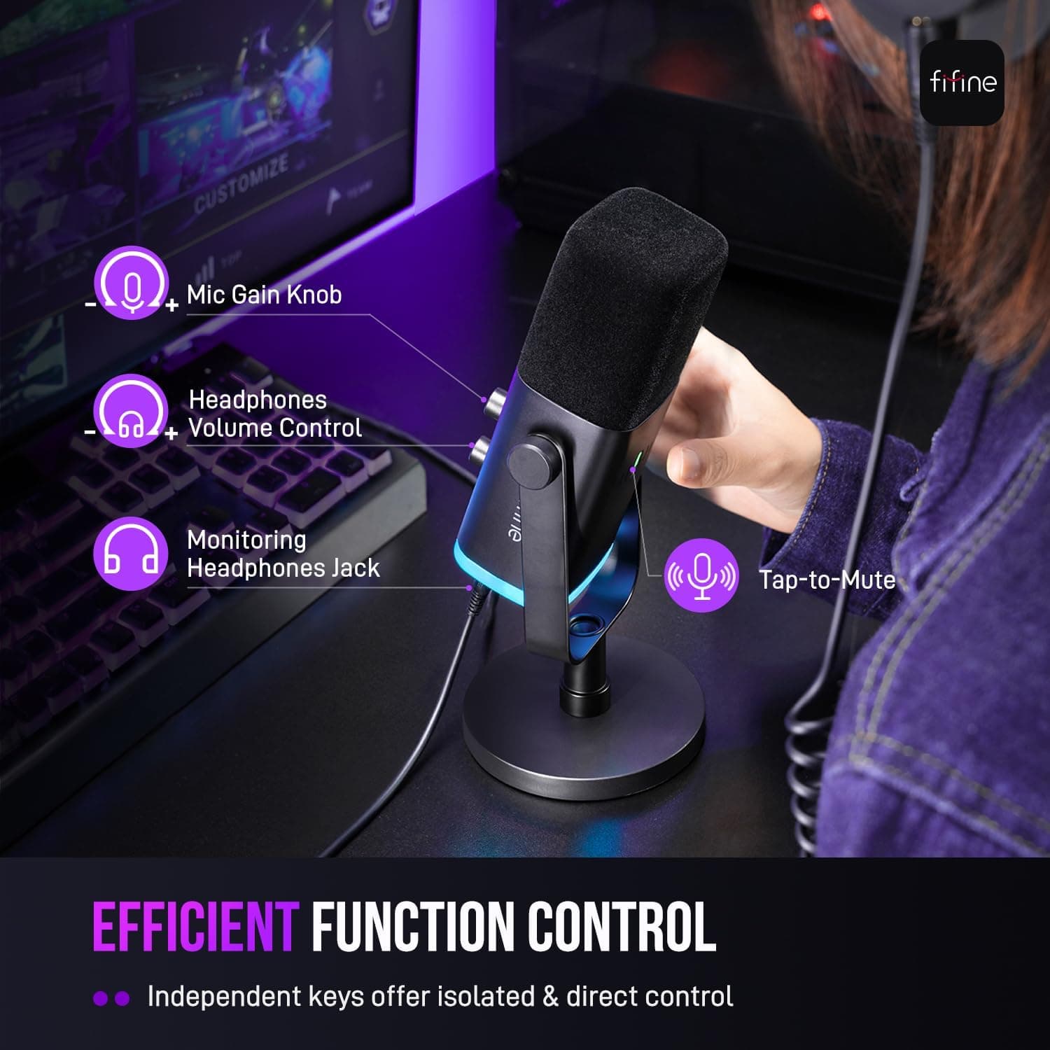 FIFINE AmpliGame AM8 USB/XLR Dynamic Microphone for Gaming Streaming | Podcast Mic with RGB Light, Mute Button, Headphones Jack, Desktop Stand, for Vocal Recording Singing YouTube