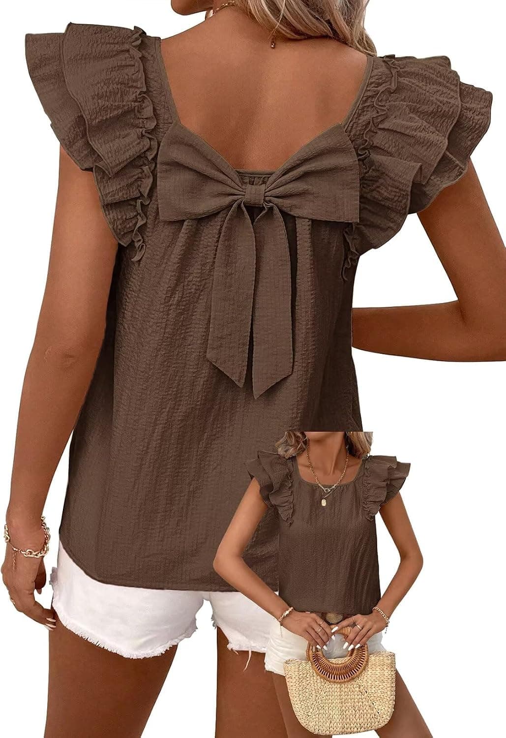 Falechay Womens Bow Tie Back Tops Babydoll Vneck Ruffle Short Sleeve Shirts | Cute Chiffon Blouses, Loose Fit Outfits, Dressy Casual, Hide Tummy, Business Work, Vacation Party Tee, 2026 Trendy, Chic