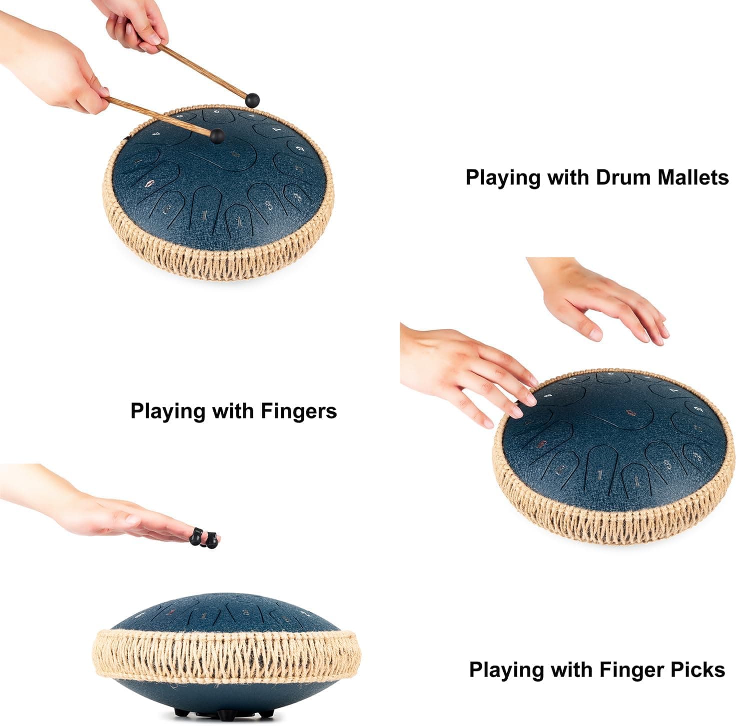 HOPWELL Steel Tongue Drum - 13 Inches 15 Notes Tongue Drum - Hand Pan Drum with Music Book, Handpan Drums Mallets and Carry Bag, D Major (Navy Blue)