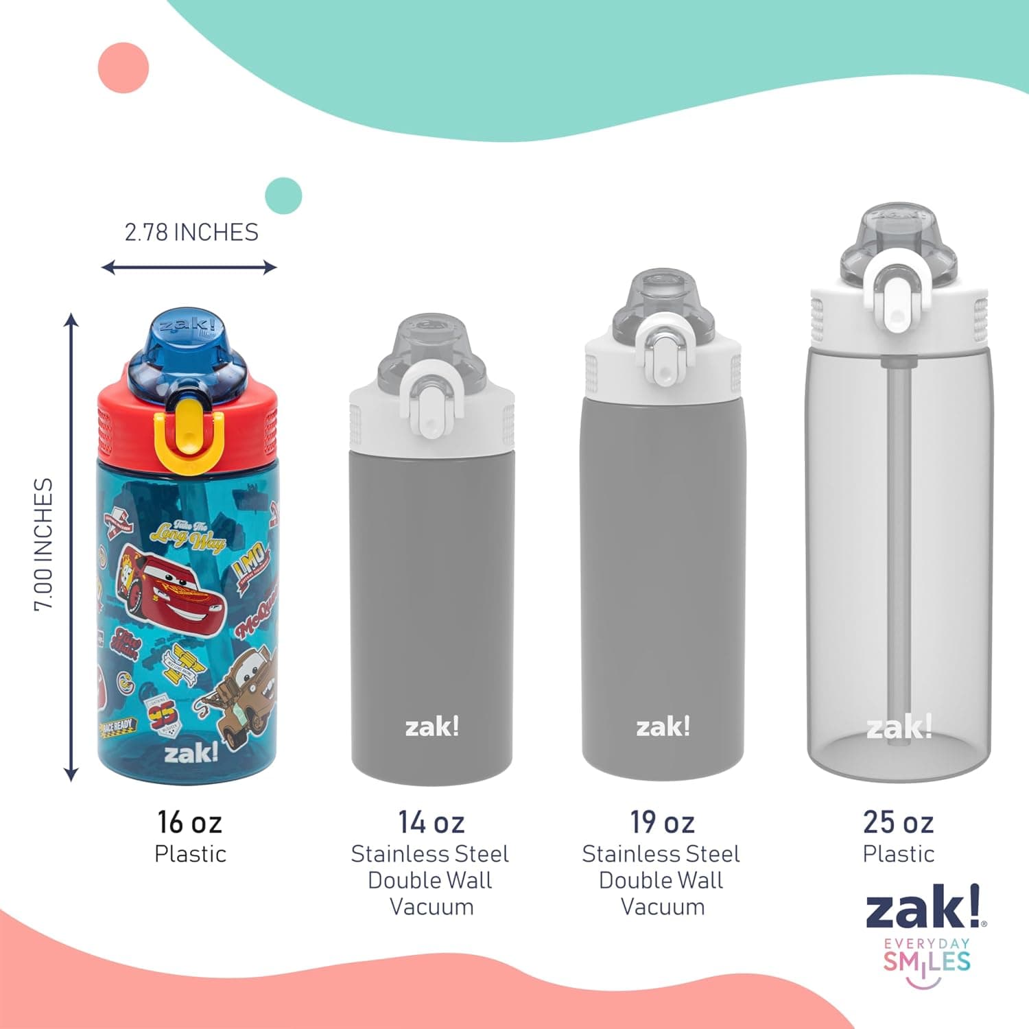 Zak Designs Disney Pixar Cars Sage 16oz Leak-Proof Straw Kids Water Bottle | BPA Free, Durable Plastic, Cupholder Friendly, Dishwasher Safe, Easy to Clean, Lid Lock, Handle, For School, Home, Travel