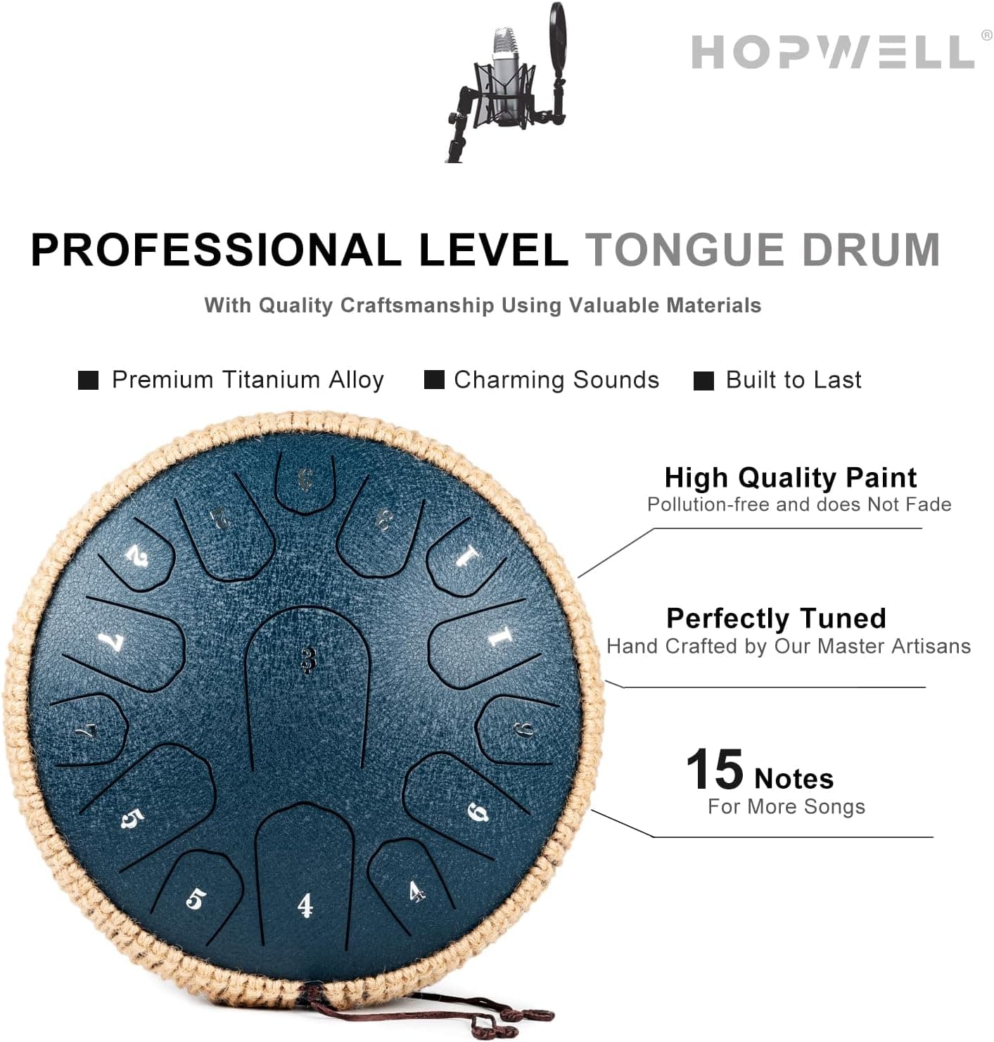 HOPWELL Steel Tongue Drum - 13 Inches 15 Notes Tongue Drum - Hand Pan Drum with Music Book, Handpan Drums Mallets and Carry Bag, D Major (Navy Blue)