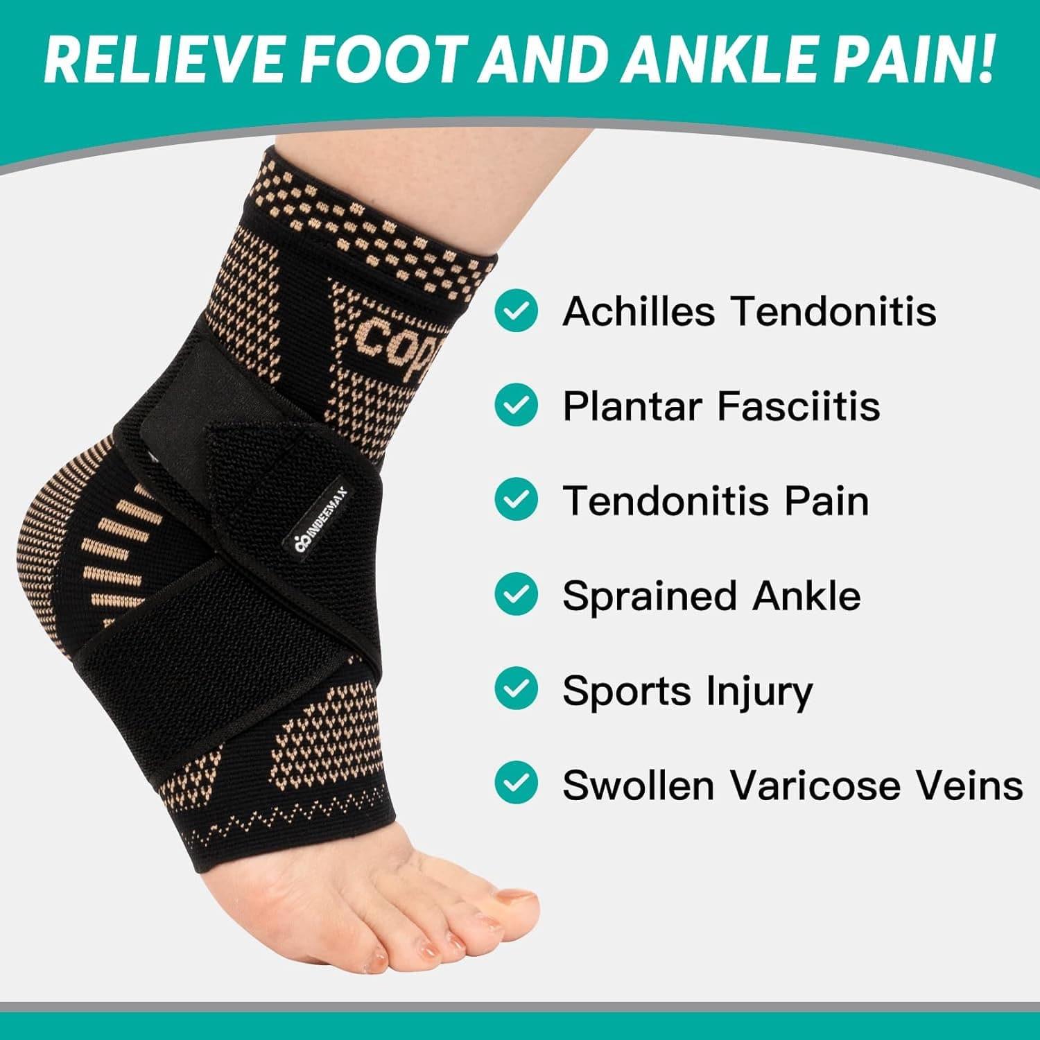 Ankle Brace for Women & Men, Ankle Compression Sleeve Support Copper Infused Ankle Brace for Sprained Ankle, Plantar Fasciitis Sports, Achilles Tendonitis Pain Relief, Copper Black, M