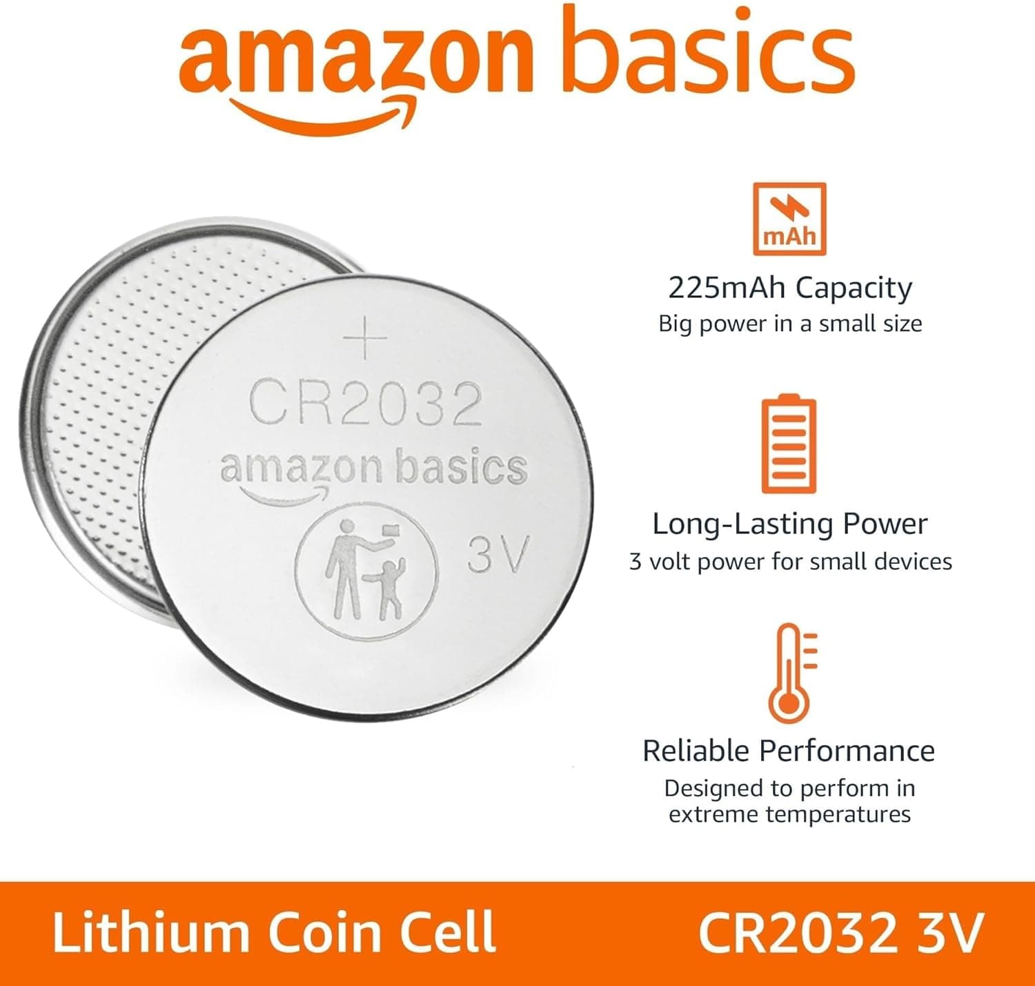 Amazon Basics CR2032 3V Lithium Coin Cell Batteries for Key Fob, Watch, Remote, Child-Proof Package, Non-Coated, AirTag Compatible, 10-Pack
