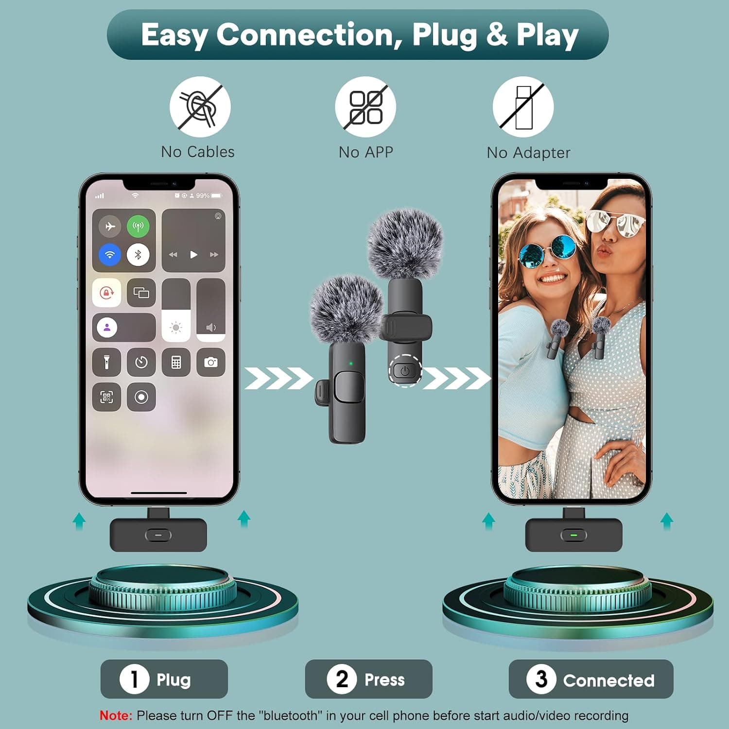 MAYBESTA Wireless Mini Microphone for iPhone, Android Phone - 2 Pack Lavalier Lapel Mic for Audio Video Recording - Clip on Content Creator Microphones for YouTube Tiktok Podcast Vlogging
