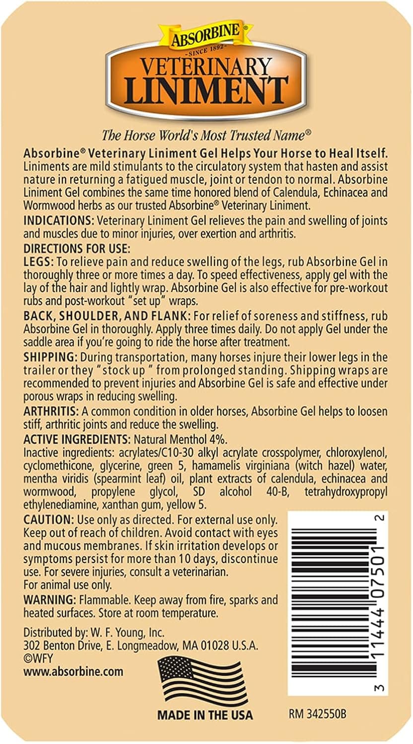 Absorbine Veterinary Liniment Gel, 12 oz Bottle | Gel Format, Menthol Scent, Topical Rub Easy to Use, Fast Relief, Sore Muscles & Arthritis, Pre & Post Workout, Warm Sensation