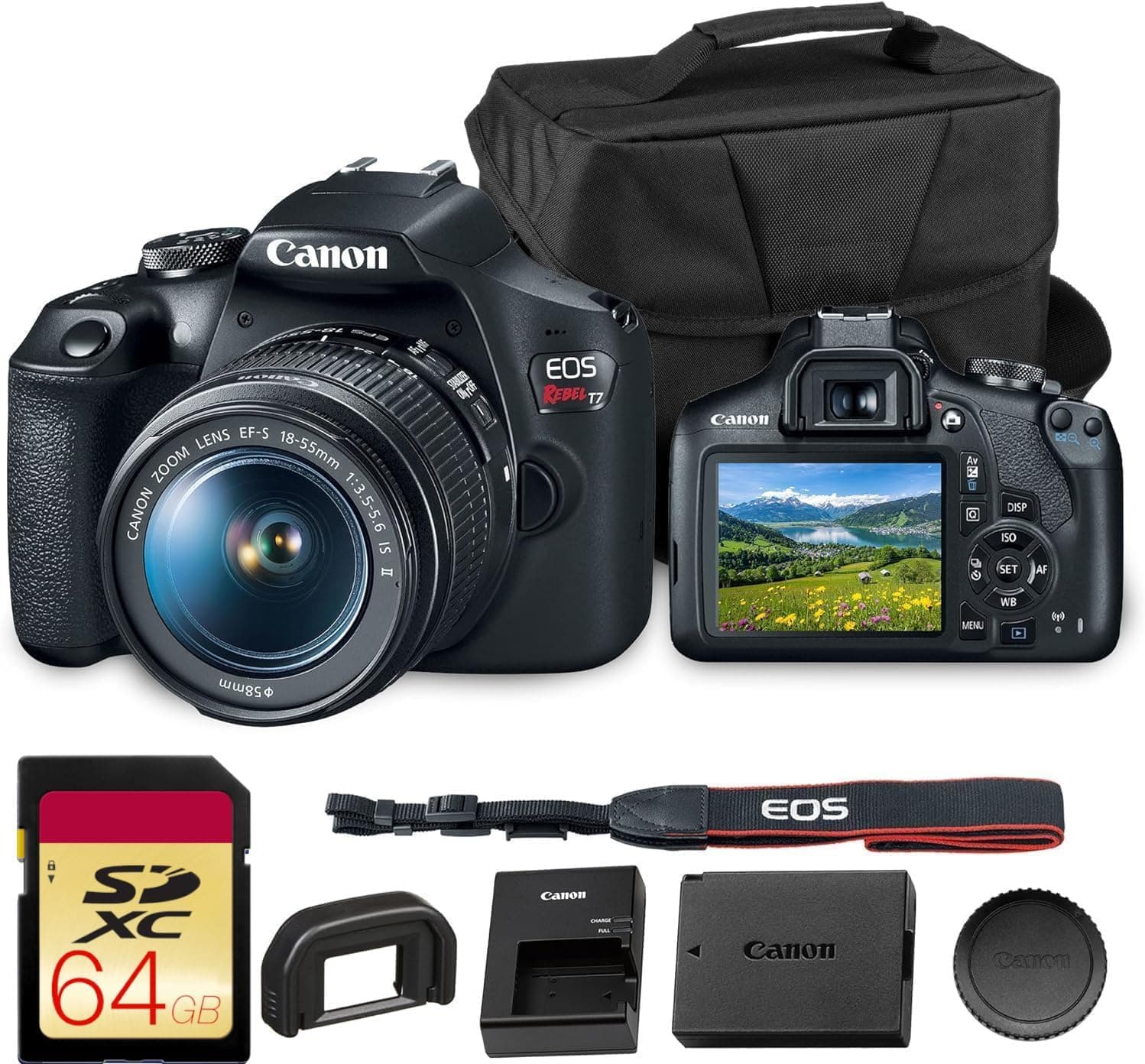 Canon EOS Rebel T7 DSLR Camera with 18-55mm Lens Bundle | For Beginner Photography | 24.1MP APS-C DSLR Camera | Built-in Wi-Fi & NFC + 64GB Memory Card + Camera Bag
