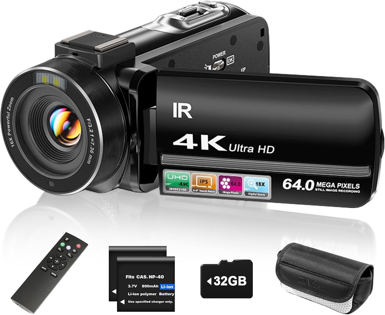 ZYDIIE 4K Video Camera Camcorder UHD 64MP Vlogging Camera for YouTube 18x Digital Zoom 3" 270° Rotation IPS Touchscreen Video Camcorder with Night Vision, Remote Control, 32GB Card, 2 Batteries