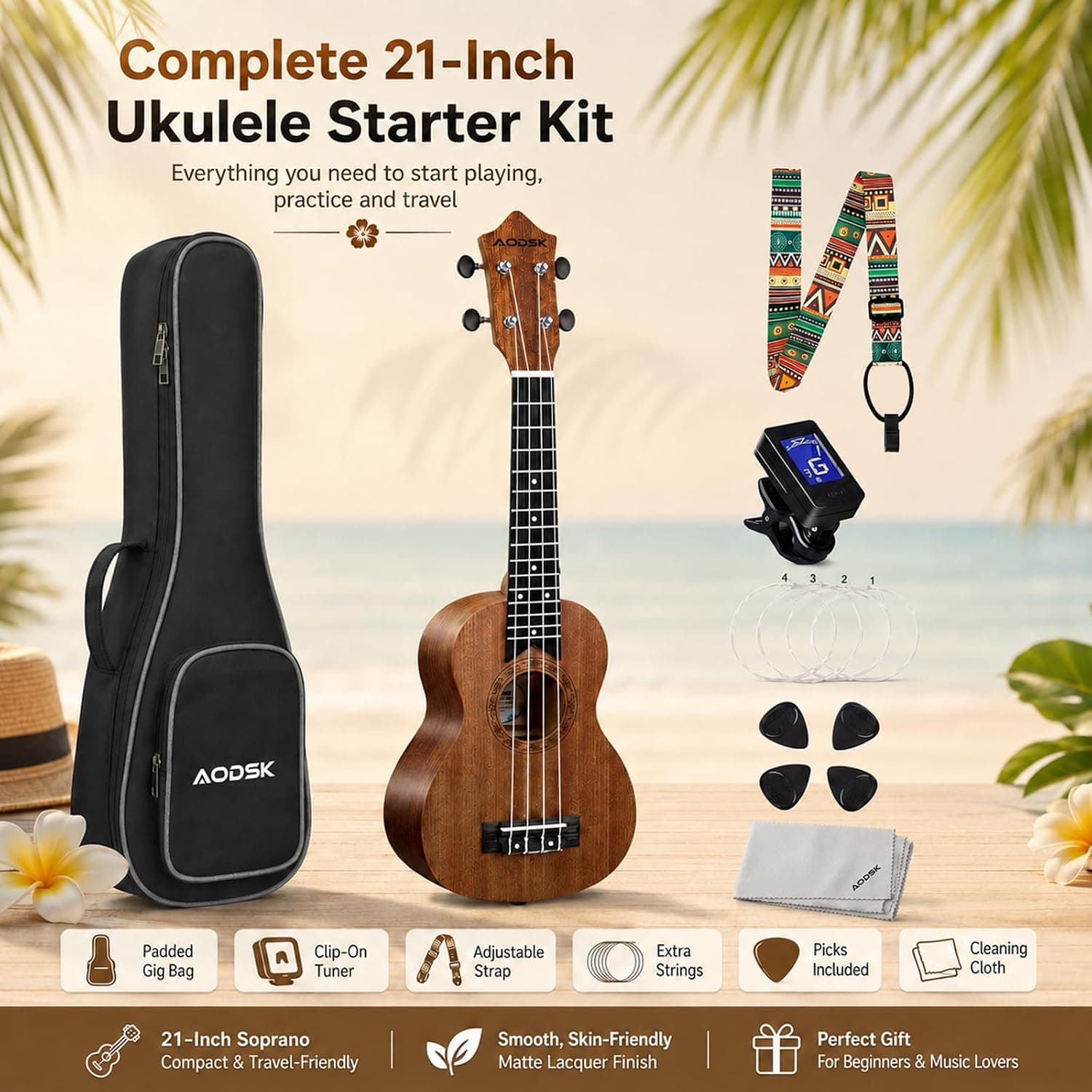AODSK Soprano Ukulele for Beginner 21 Inch Ukelele Kit with Gig Bag StrapTuner Nylon String 4 Picks Cloth Online Lesson Holiday Gift