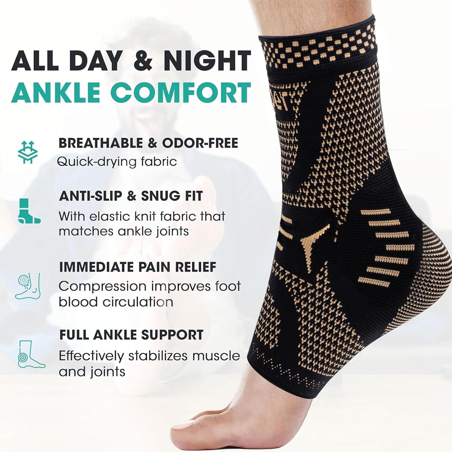 Ankle Brace for Women & Men, Ankle Compression Sleeve Support Copper Infused Ankle Brace for Sprained Ankle, Plantar Fasciitis Sports, Achilles Tendonitis Pain Relief, Copper Black, M