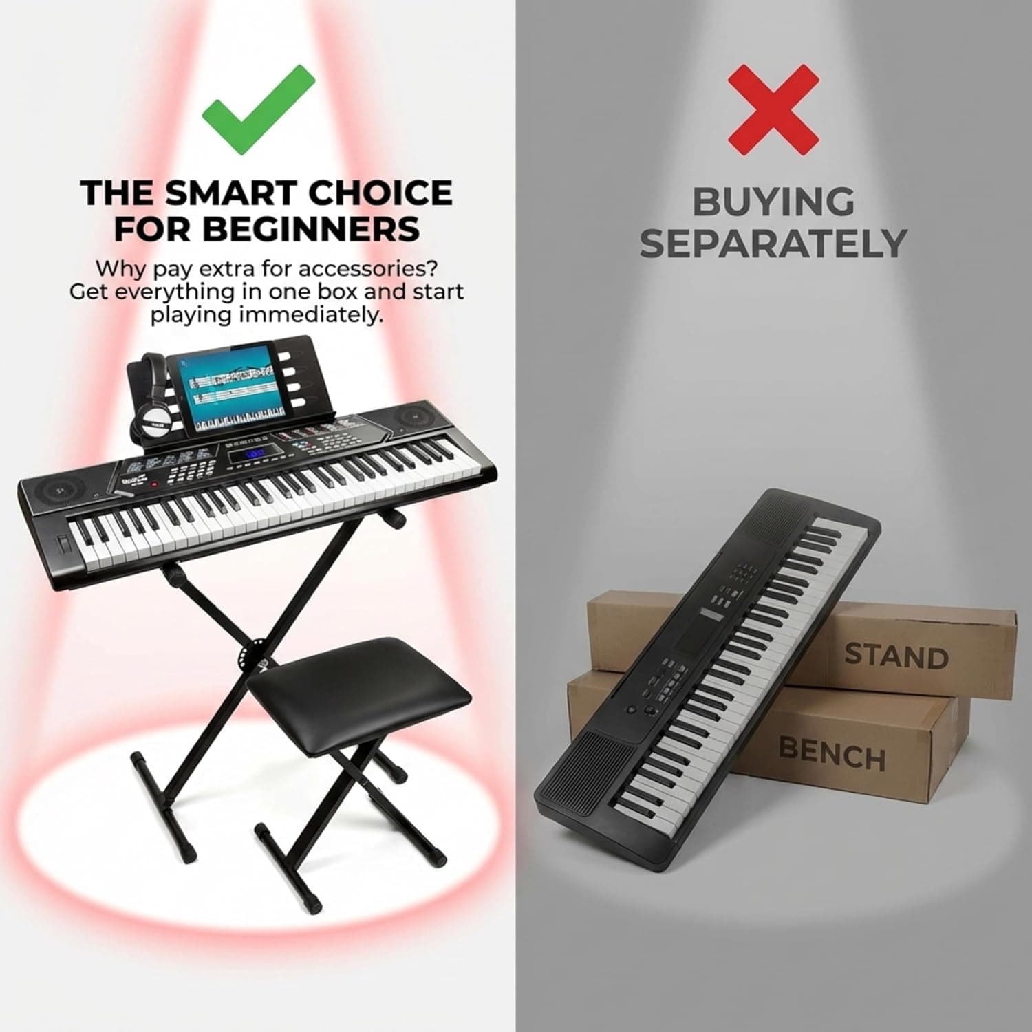 RockJam RJ5061 61 Key Keyboard Piano Kit with Stand, Bench & Headphones | Beginner electric keyboard piano set with pitch bend, LED panel, Simply Piano lessons and note stickers, all included
