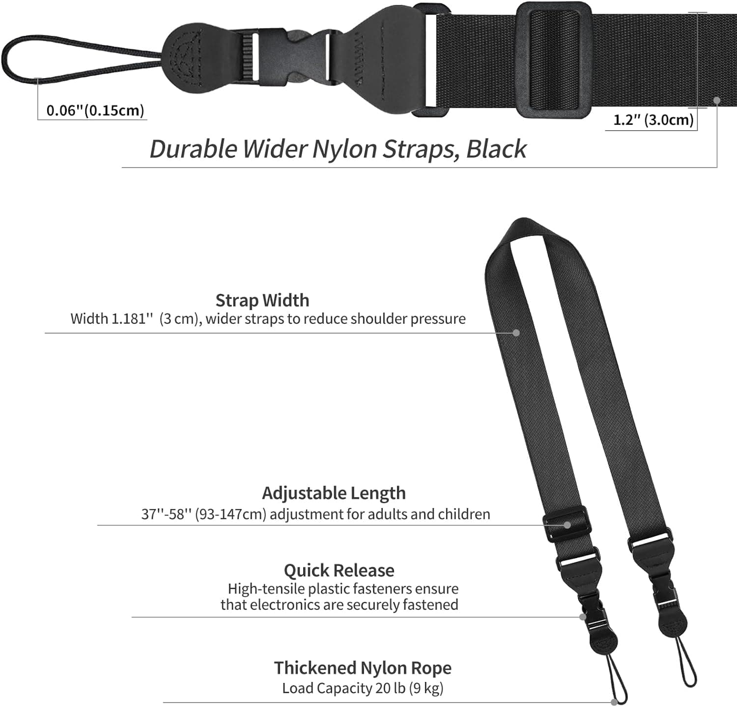 FIEIL Adjustable Shoulder Strap, Nylon Camera Strap, Comfortable Neck Strap for iPad, Cellphone Tablet, Camera, Laptop, Binocular, Luggage Bag (Black Universal Lanyard)