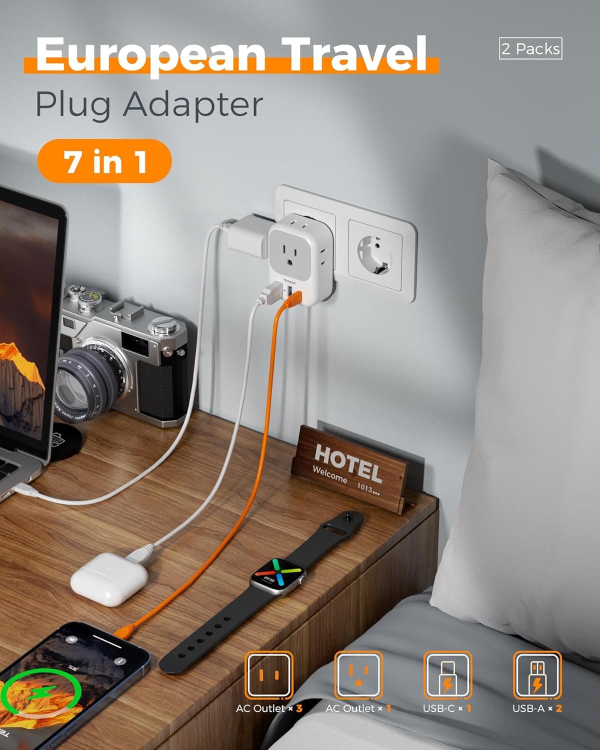 TESSAN 2 Pack European Travel Plug Adapter, Europe Power Converter | 4 Outlets 3 USB (1 USB C PD 20W), Type C International Plug, For Italy Spain France Portugal Iceland Germany