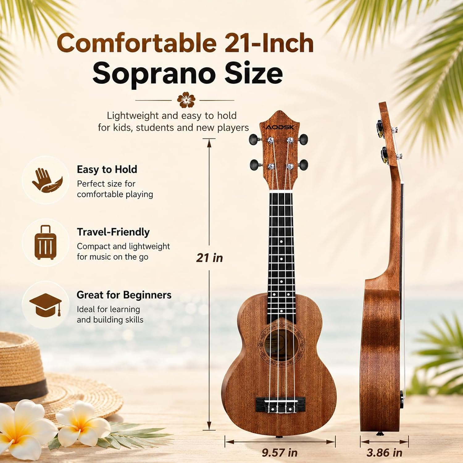 AODSK Soprano Ukulele for Beginner 21 Inch Ukelele Kit with Gig Bag StrapTuner Nylon String 4 Picks Cloth Online Lesson Holiday Gift