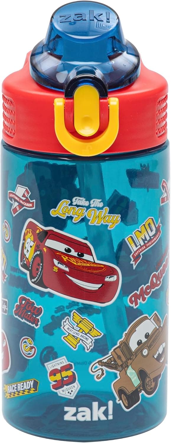 Zak Designs Disney Pixar Cars Sage 16oz Leak-Proof Straw Kids Water Bottle | BPA Free, Durable Plastic, Cupholder Friendly, Dishwasher Safe, Easy to Clean, Lid Lock, Handle, For School, Home, Travel