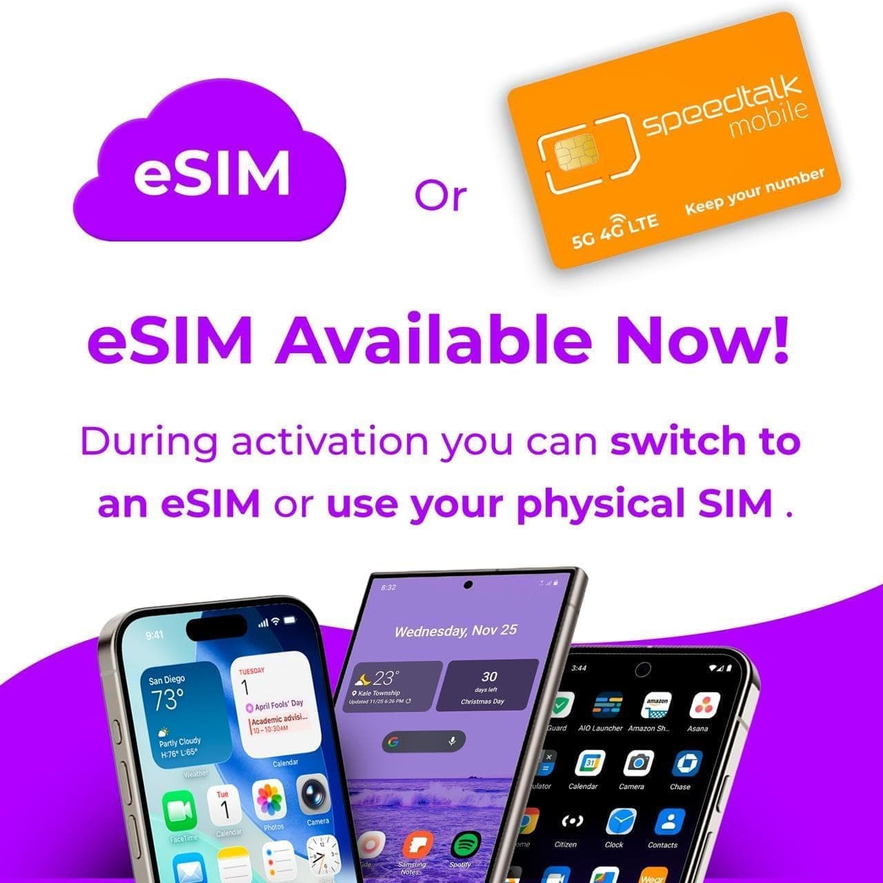 Pre-Paid eSIM and SIM Card Starter Kit – No Contract Wireless $22mo Talk Text Data Unlimited Plans - Cellphone 5G 4G LTE Apple iPhone, Android Smart Phones