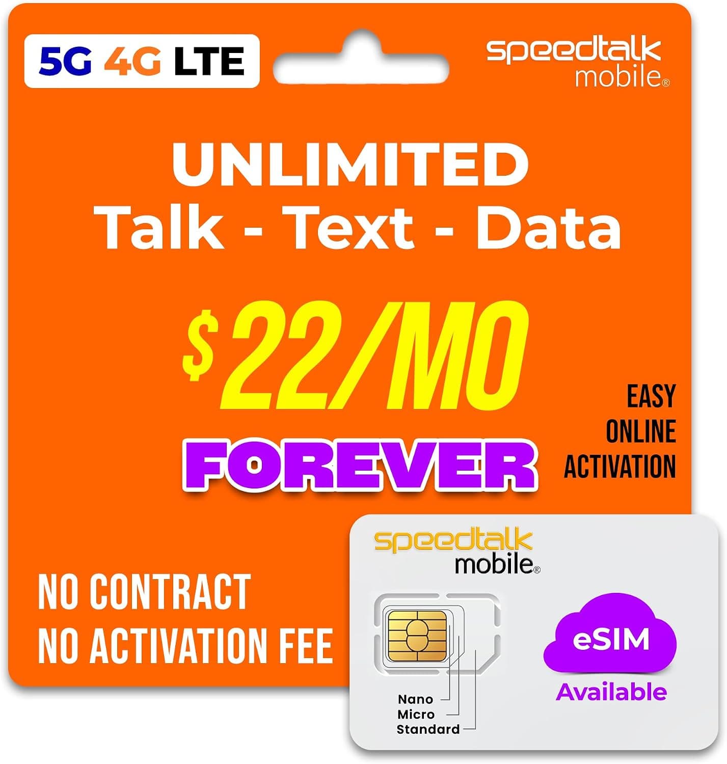 Pre-Paid eSIM and SIM Card Starter Kit – No Contract Wireless $22mo Talk Text Data Unlimited Plans - Cellphone 5G 4G LTE Apple iPhone, Android Smart Phones