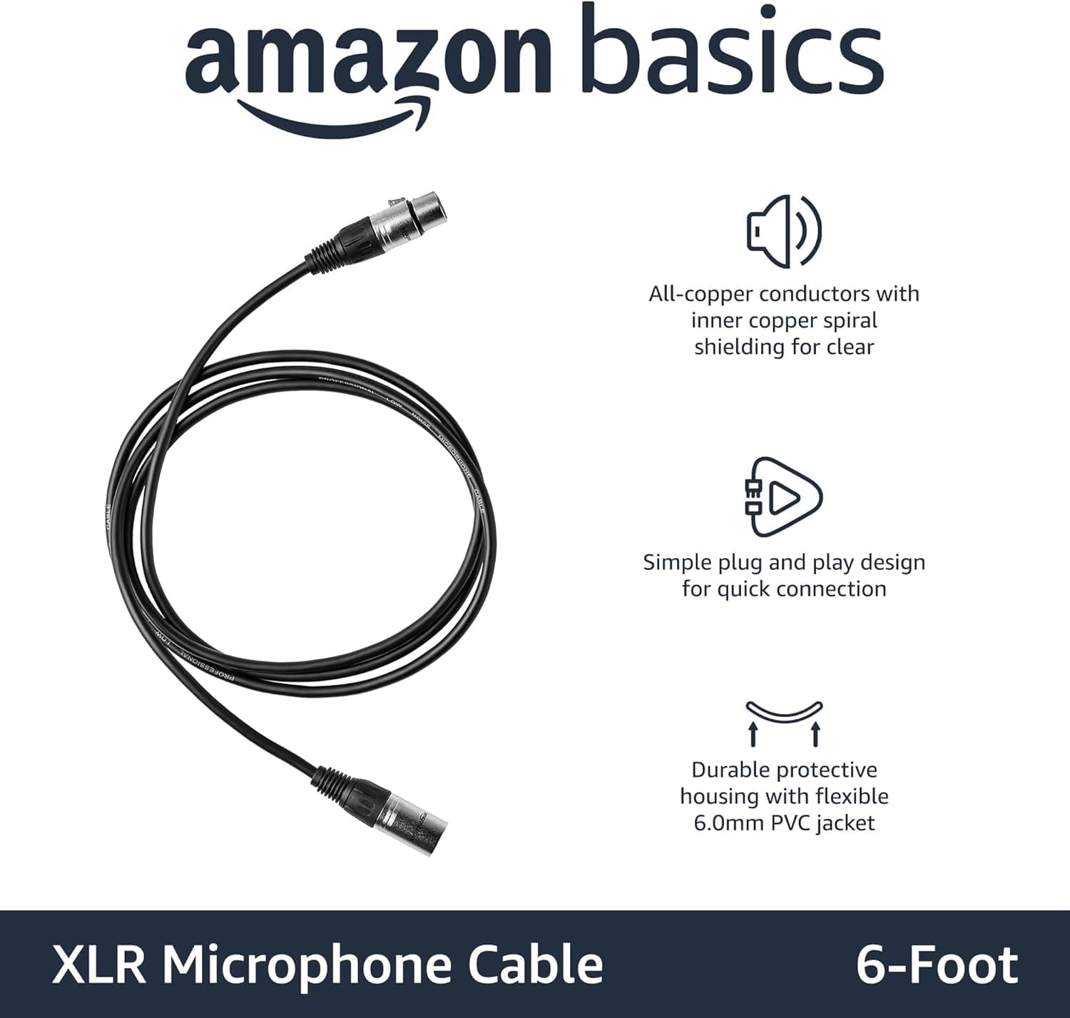 Amazon Basics XLR Male to Female Microphone Cable for Speaker or PA System, Recording Studio, All Copper Conductors, Low Noise Shielding, 6MM PVC Jacket, 6 Foot, Black