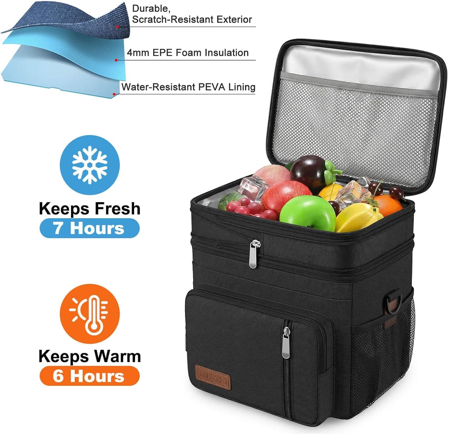MIYCOO Lunch Bag & Lunch Box for Men Women, Double Deck & Leakproof | Insulated Soft Large Adult Camping Cooler bag for Work, Beach, Picnic, Travel (Black, 15L)