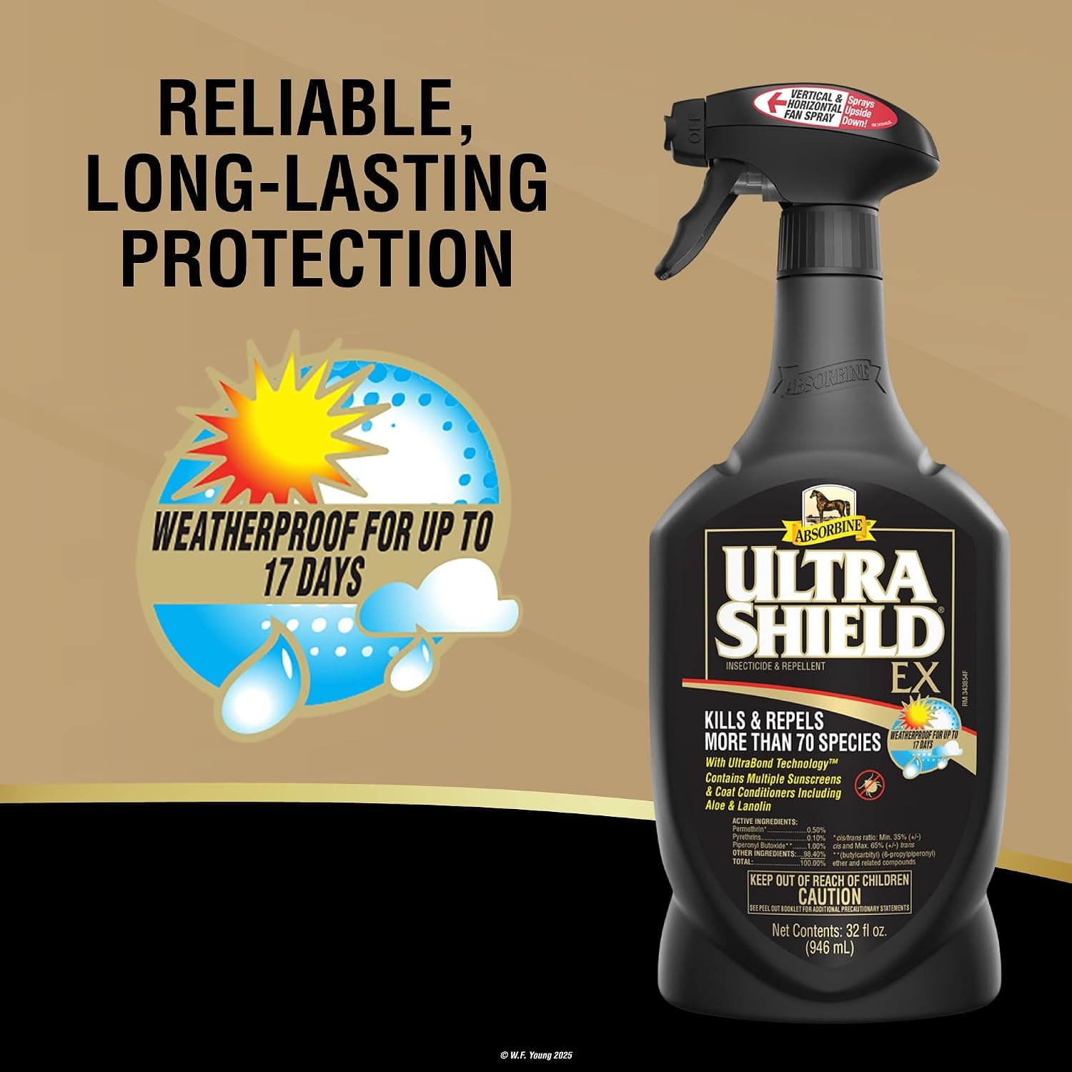 Absorbine UltraShield EX Insecticide & Repellent, 32 fl oz Sprayer | Use on Horses, Dogs & Premise, Kills & Repels 70+ Species Including Flies, Mosquitoes, Ticks, Fleas, Lice, Up to 17 Days