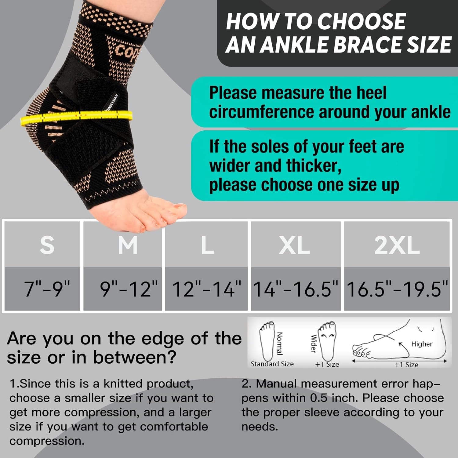Ankle Brace for Women & Men, Ankle Compression Sleeve Support Copper Infused Ankle Brace for Sprained Ankle, Plantar Fasciitis Sports, Achilles Tendonitis Pain Relief, Copper Black, M