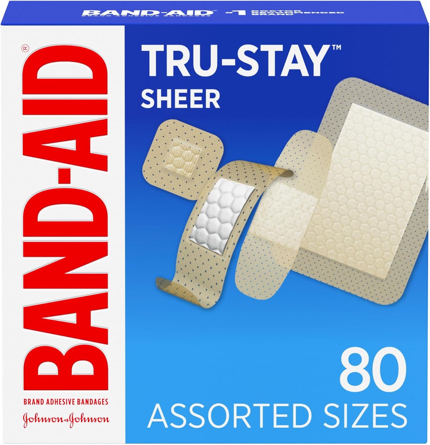 BAND-AID Brand Tru-Stay Sheer Adhesive Bandages, Assorted Sizes, 80 Count | Dependable Lightweight Protection, Sterile Wound Care for Minor Cuts & Scrapes, First Aid Kit Essential, Flexible Comfort