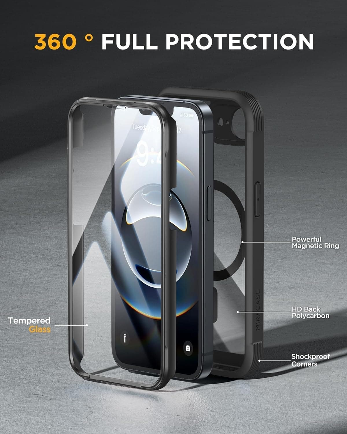 miracase for iPhone 17e Case & iPhone 16e Case, Full-Body Phone with Built-in Glass Screen Protector, [Magnetic with MagSafe] Military Drop Proof 17 E/ 16 E Cover Bumper 6.1 inch, Black