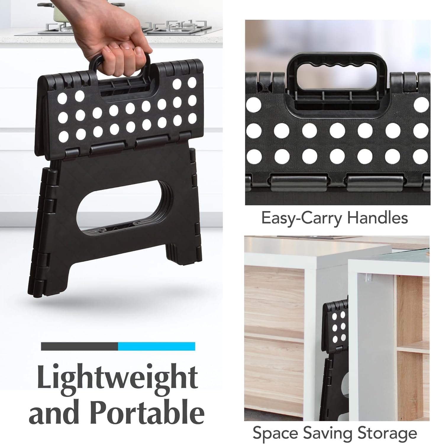 Handy Laundry Folding Step Stool 9 Inch, Black, Non-Slip Holds 300 lbs | 9 Inch, Black, Foldable Collapsible Step Stool, Non-Slip, Holds 300 lbs, Kitchen Bathroom Bedroom, Adults