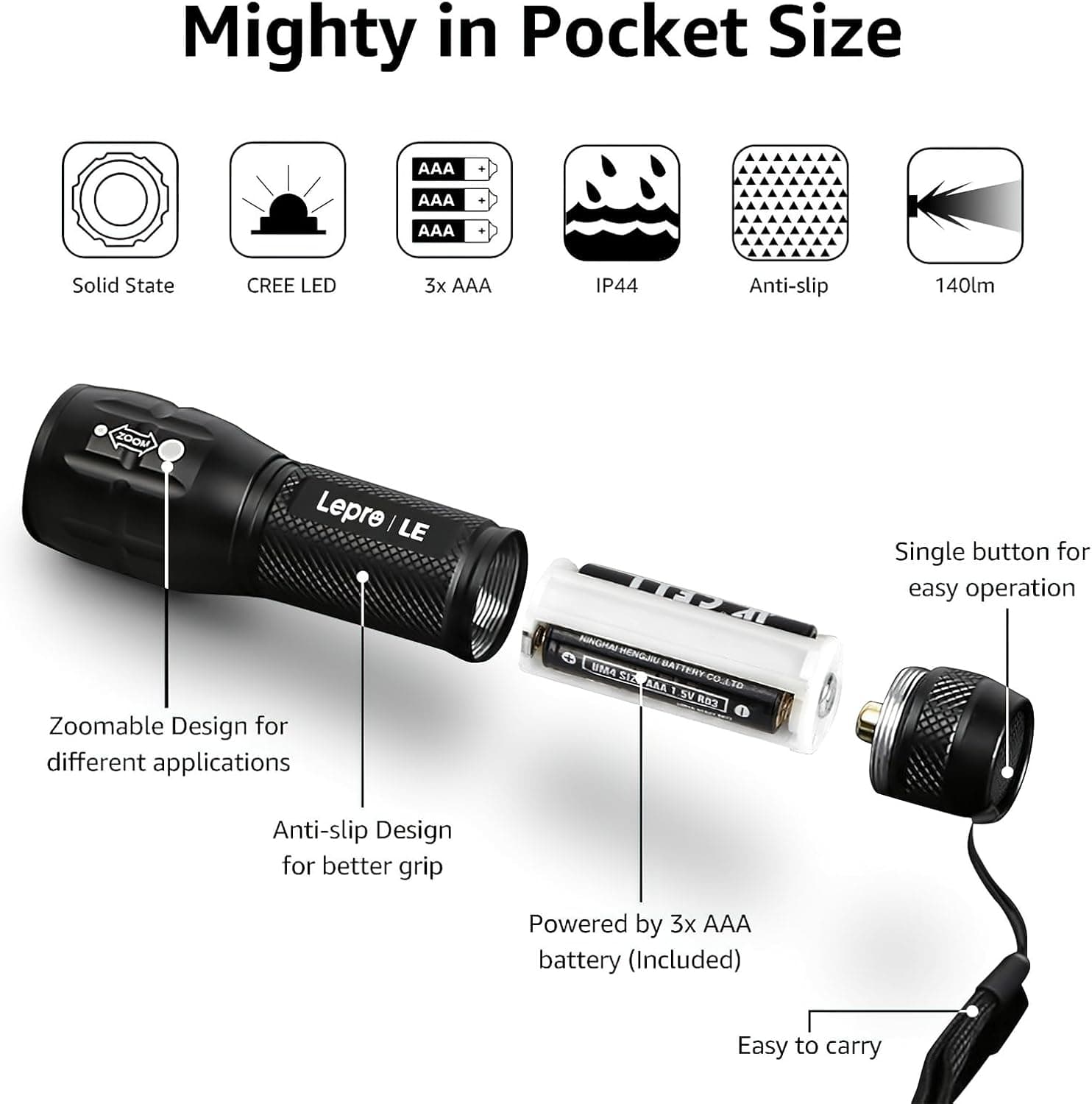 Lepro Lighting Ever LED Flashlight, High Lumens Waterproof Adjustable Focus | Small, lightweight. For outdoor, camping, emergency, tactical use. AAA batteries included. Adjustable zoom focus.