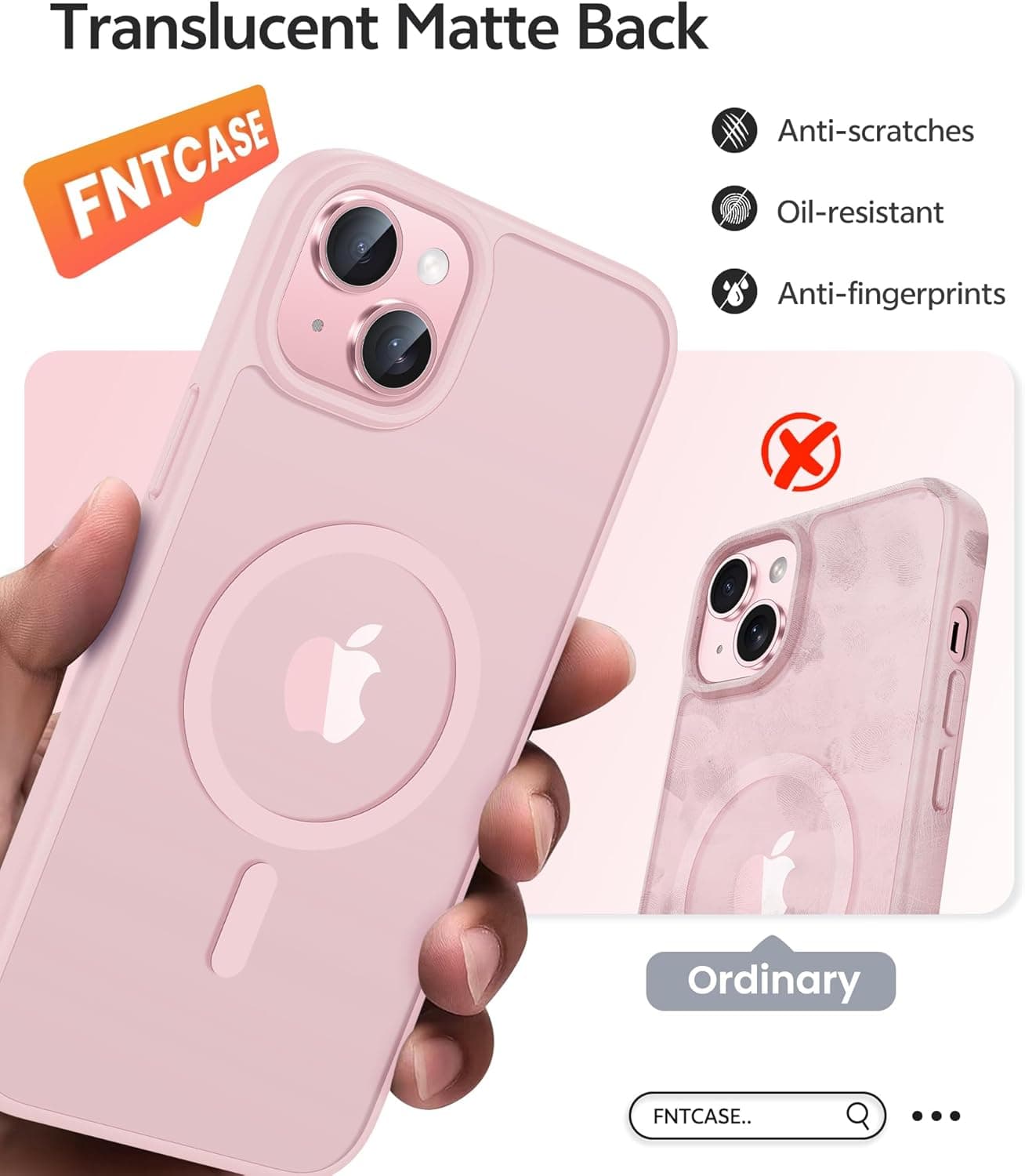 FNTCASE for iPhone 15/14/13 Case, Fit for Magsafe, Glass Screen Protector | Translucent Matte, Magnetic Phone Cases, 14FT Military Grade Drop Protection, Slim Shockproof Protective Cover, Light Pink