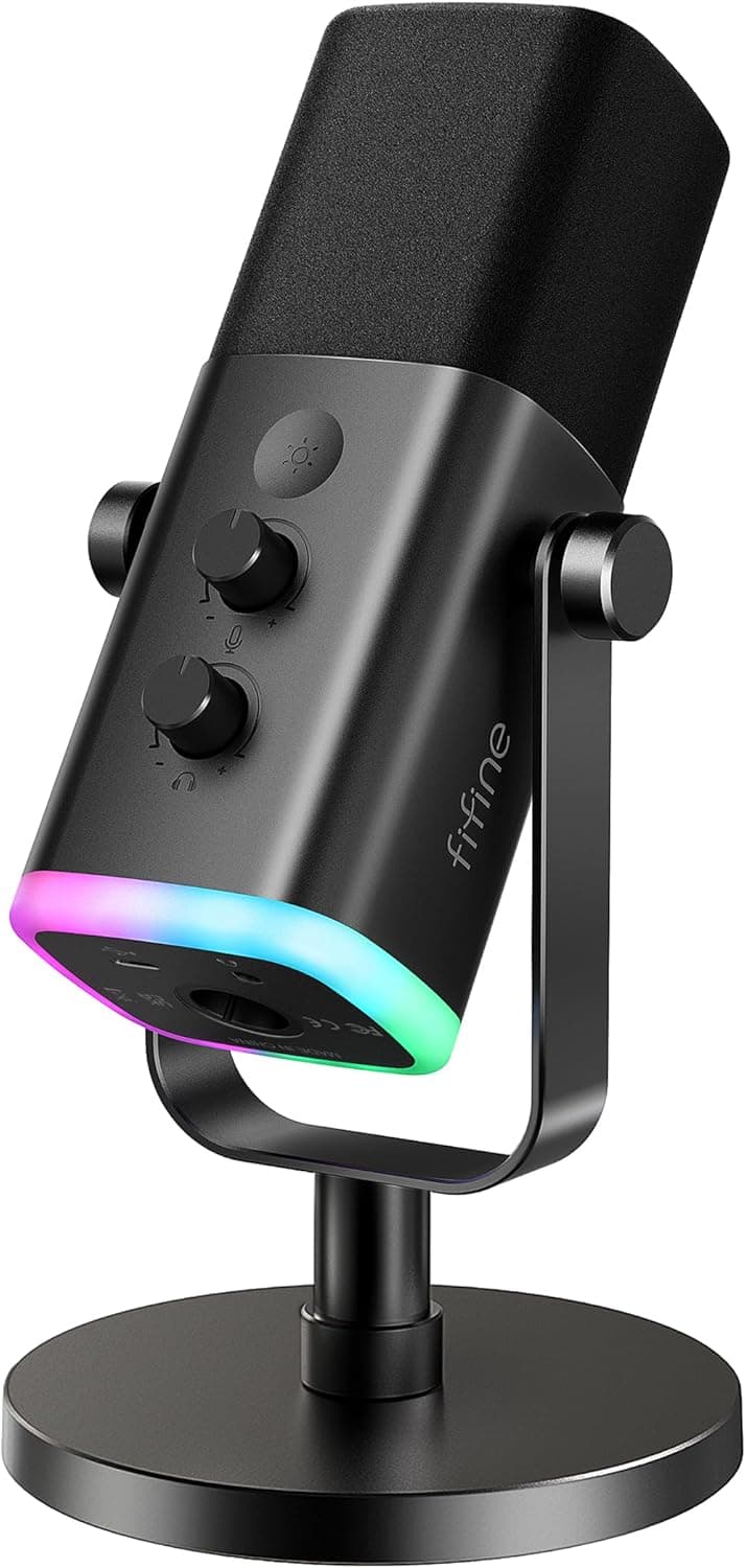 FIFINE AmpliGame AM8 USB/XLR Dynamic Microphone for Gaming Streaming | Podcast Mic with RGB Light, Mute Button, Headphones Jack, Desktop Stand, for Vocal Recording Singing YouTube