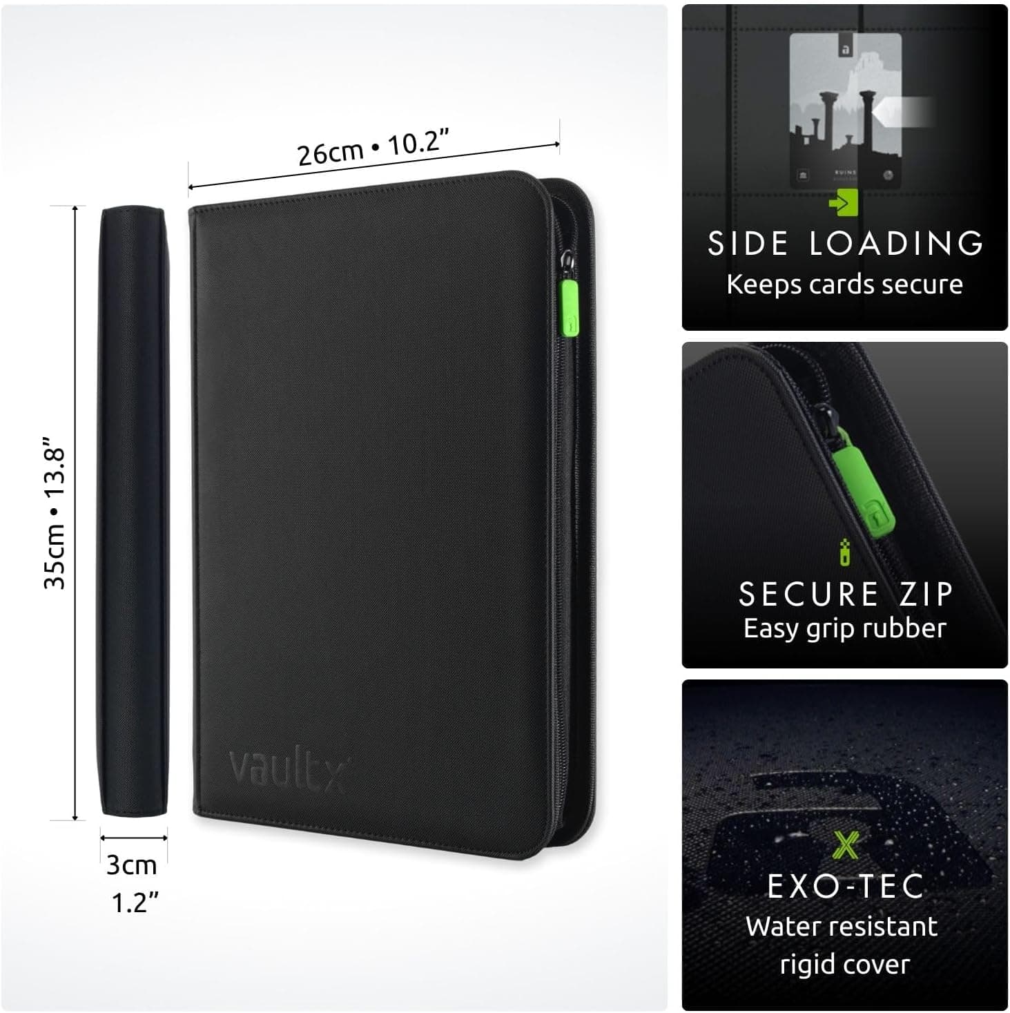 Vault X 9 Pocket Zip Trading Card Binder 360 Cards Exo-Tec (Black) | Holds 360 standard-size TCG cards in 20 side-loading 9-pocket pages. Padded, water-resistant Exo-Tec cover.