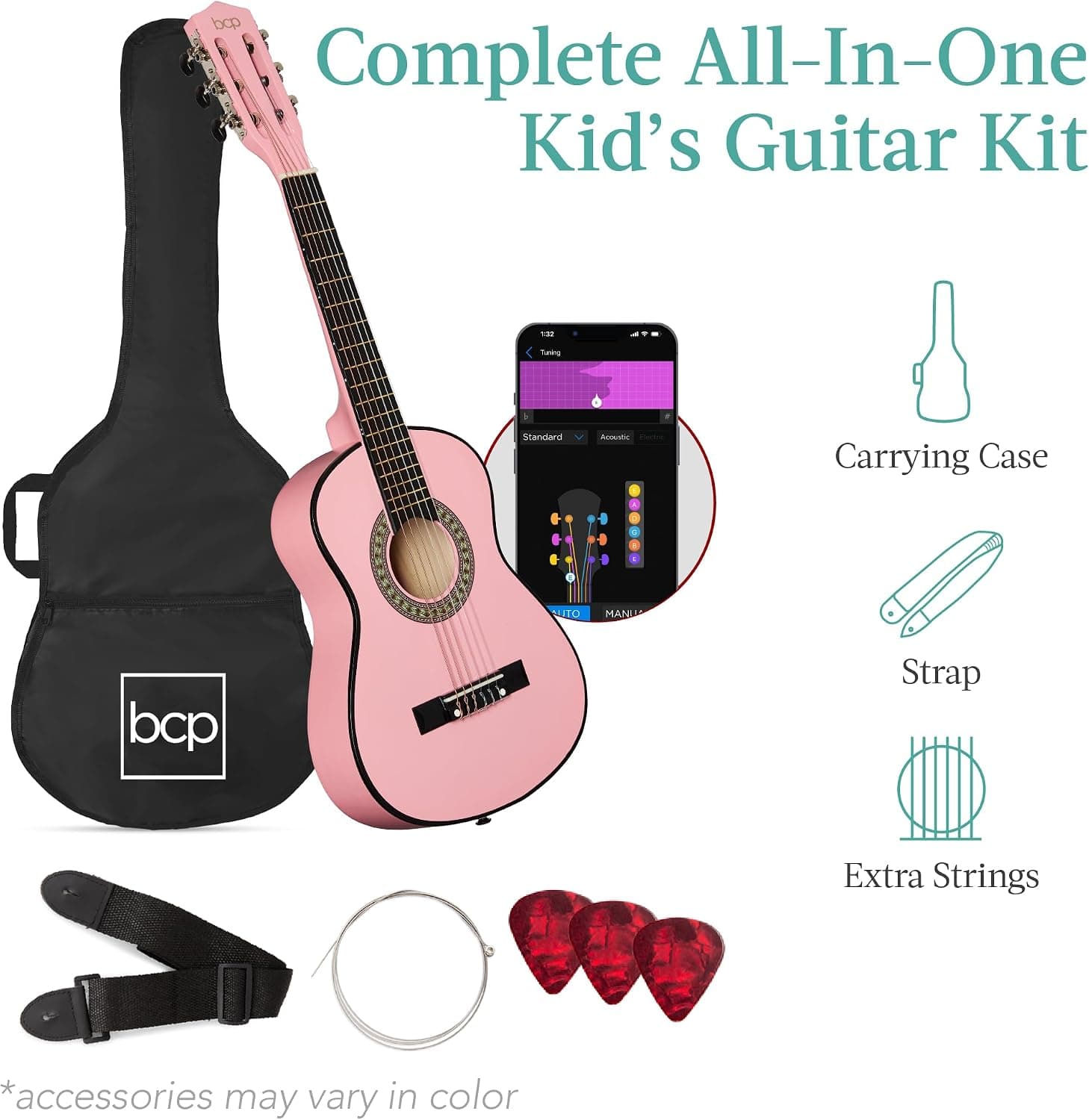 Best Choice Products 30in Kids Acoustic Guitar, All-in-One Beginner Starter Kit w/Strap, Case, Extra Strings, Rosette Inlay - Pink
