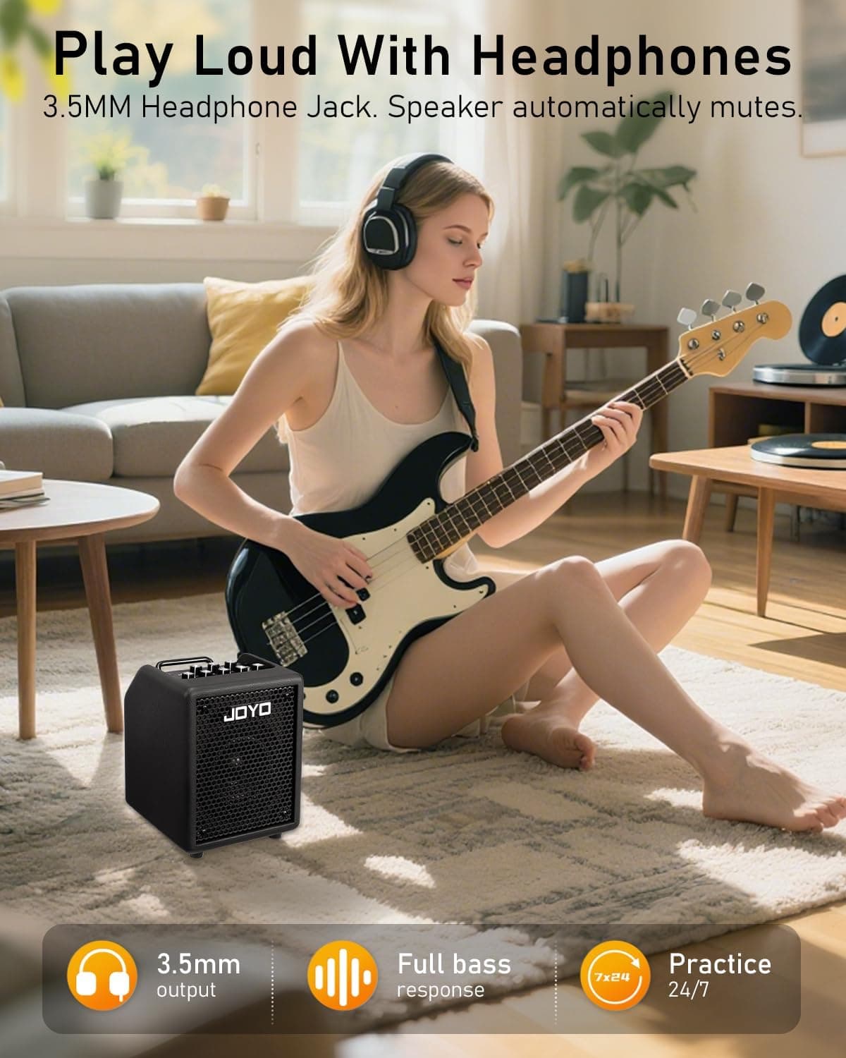 JOYO 30W Bass Amp Portable Combo Amplifier 4" Speaker with Bluetooth 5.1 + OTG Direct Recording | 3-Band EQ + Compressor | Headphone Practice for Bassist Livestream Solo Gigs (Vibe Cube BA-30, Black)