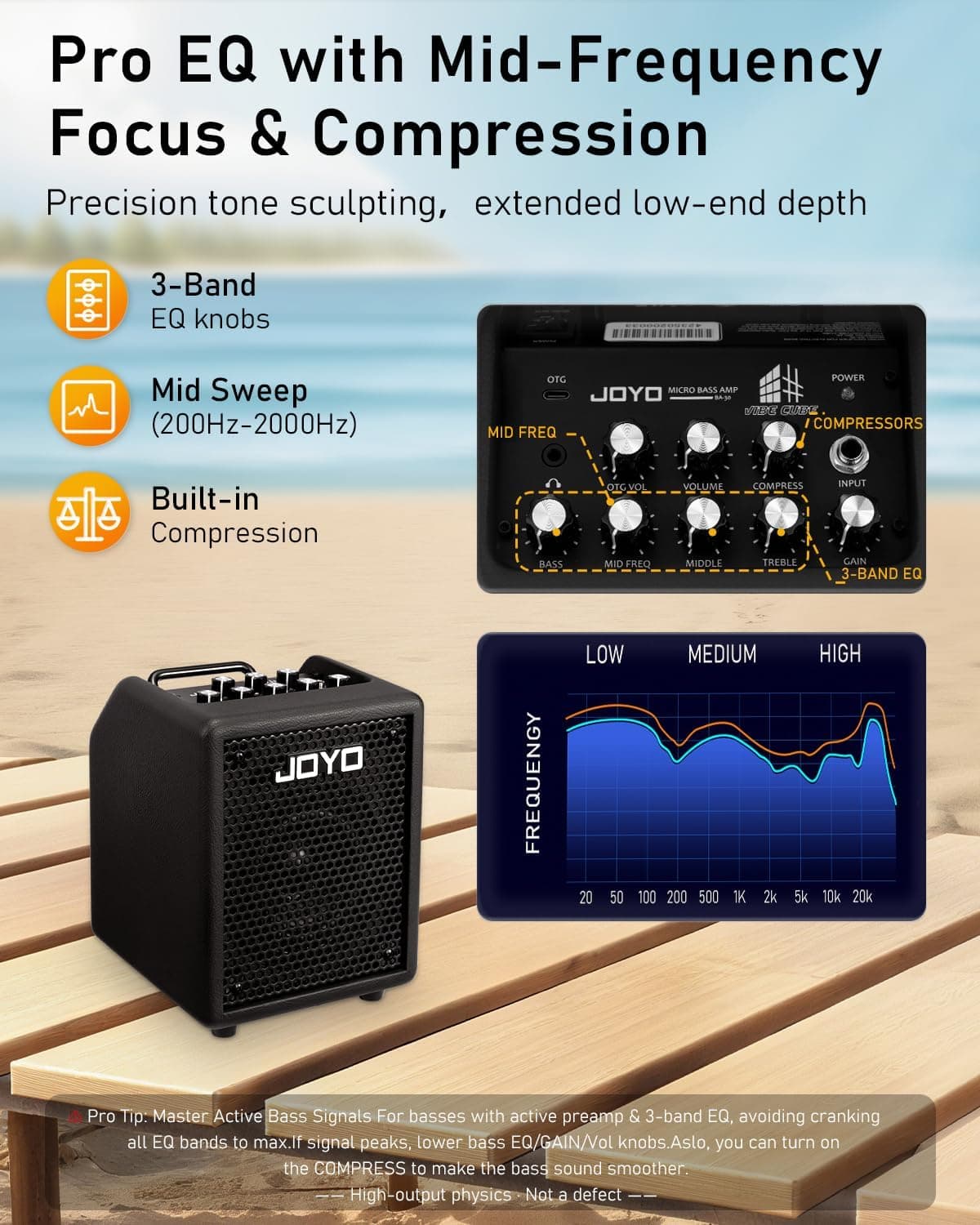 JOYO 30W Bass Amp Portable Combo Amplifier 4" Speaker with Bluetooth 5.1 + OTG Direct Recording | 3-Band EQ + Compressor | Headphone Practice for Bassist Livestream Solo Gigs (Vibe Cube BA-30, Black)