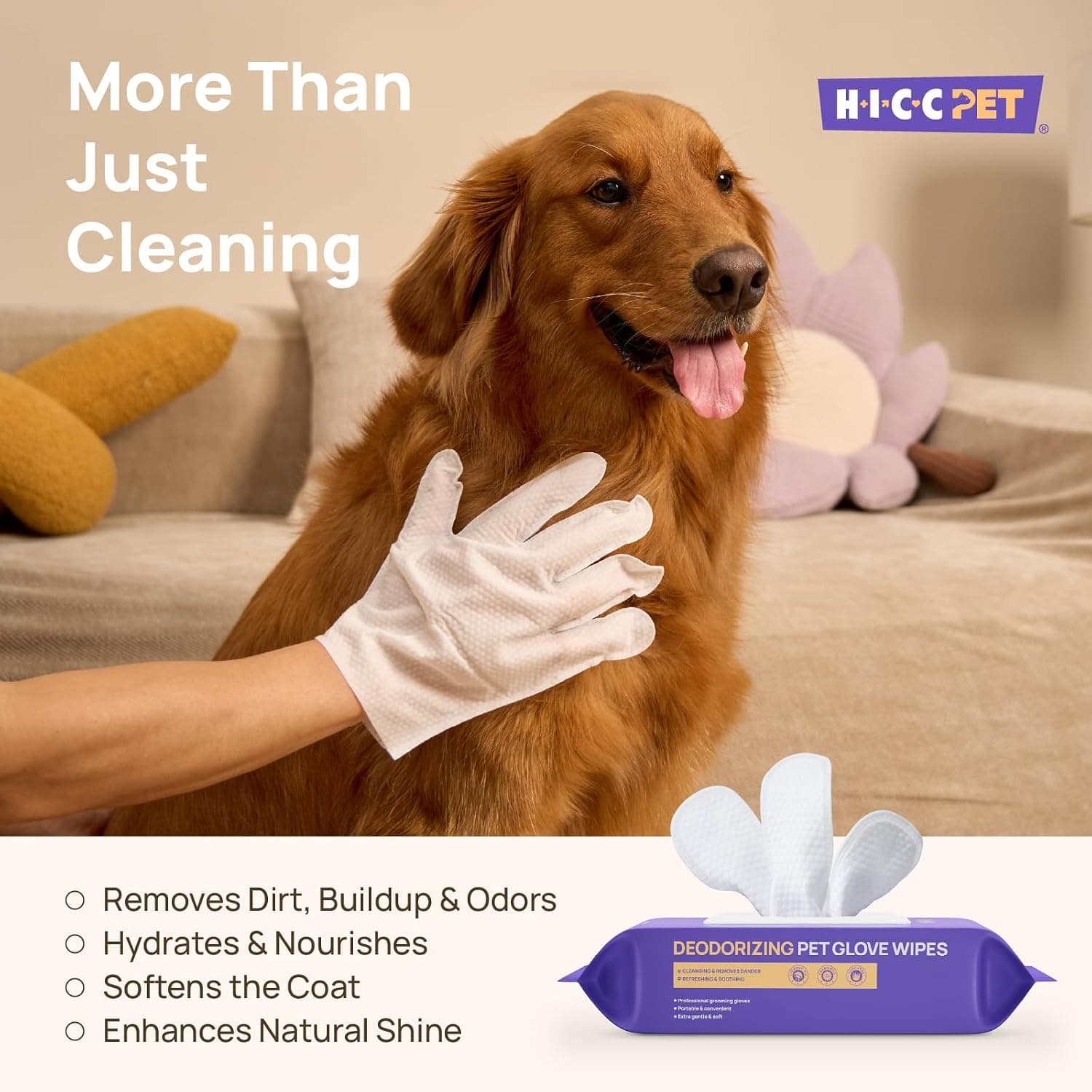 HICC PET Dog Wipes for Dogs & Cats, Glove Design, 20 Count | Fresh Coat Between Baths, Head-to-Tail Grooming, Plant-Based Formula, No-Rinse, Quick Everyday Cleanups, Coconut Scent