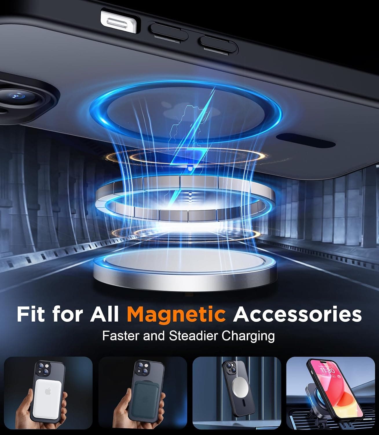 SPIDERCASE Magnetic for iPhone 15 Case, Black | Translucent Matte Case with 2PCS Tempered Glass Screen Protector Drop Protection Anti-scratched Slim Phone Case
