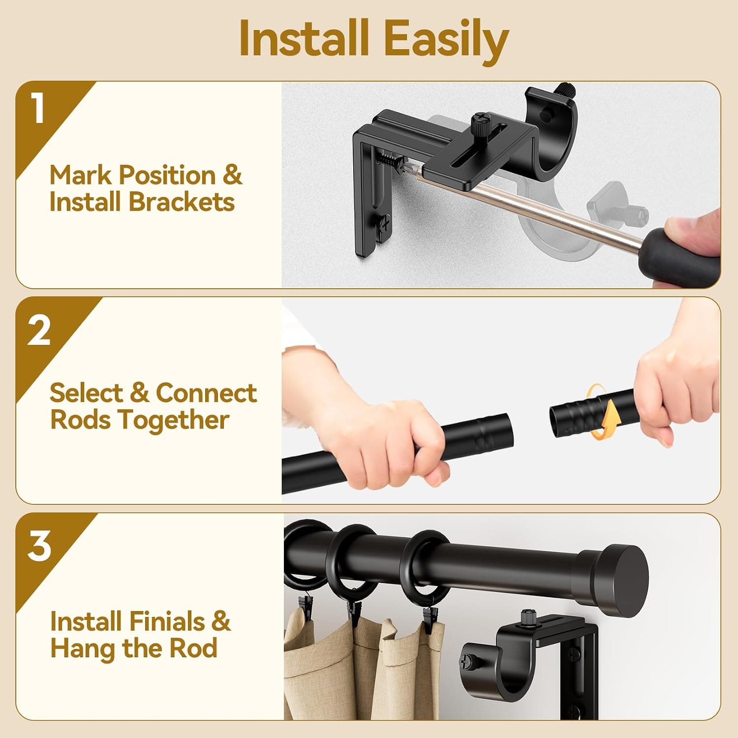 YaFex Curtain Rods 32-144 Inch, Heavy Duty 1 Inch Adjustable Curtain Rod for Windows, Black Extra Long Window Treatment Rods, Modern Design, Easy Installation