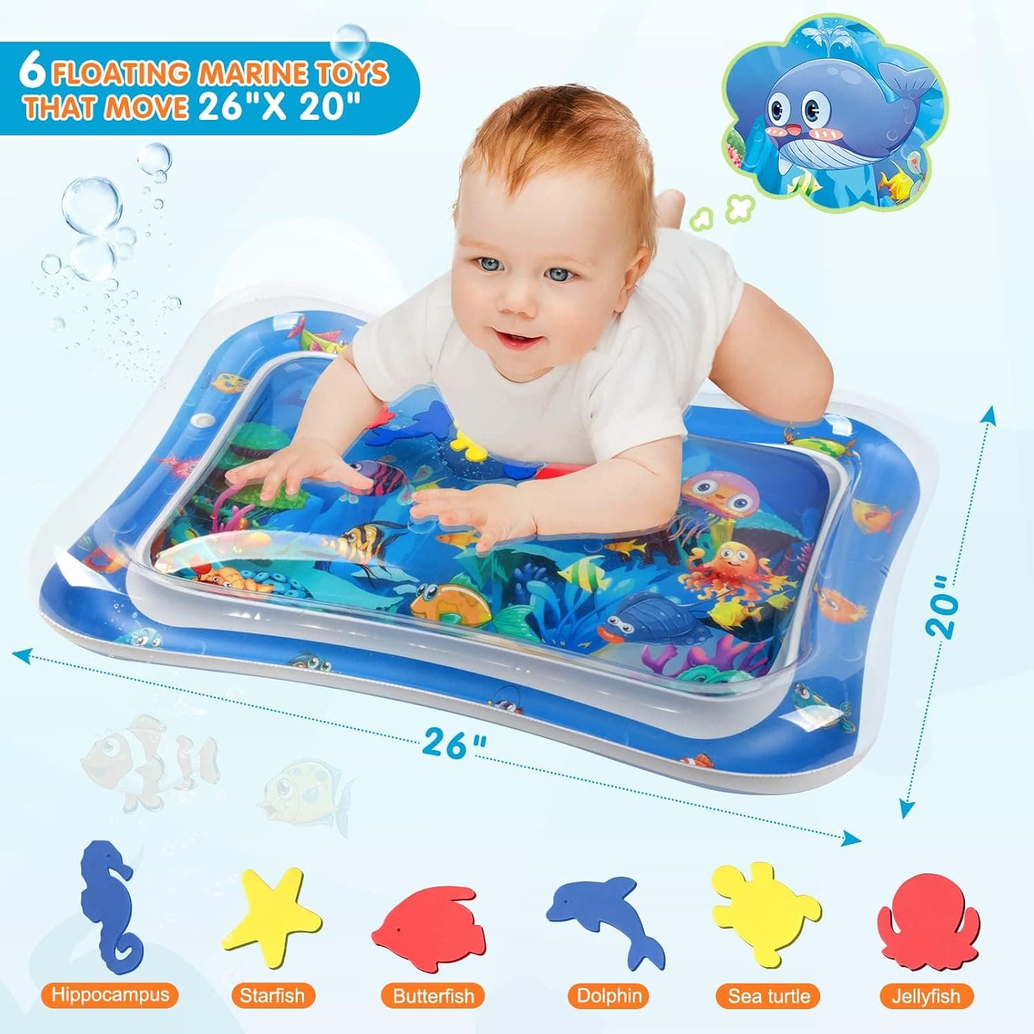 Infinno Inflatable Tummy Time Water Mat, Baby Sensory Toys 3-24 Months | Leakproof play surface, builds neck and core strength, fills and drains fast, portable design, easy travel