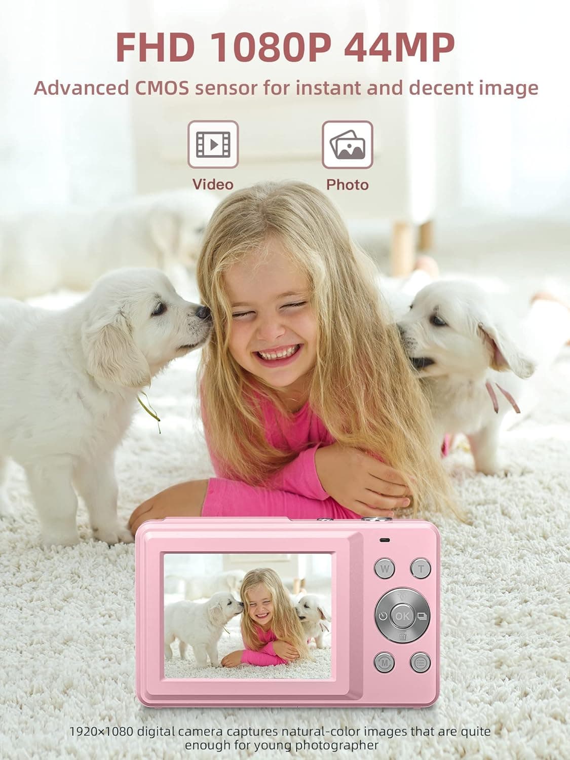 Digital Camera FHD 1080P with 32G Card 16X Zoom & Flash Easy for Kids Pink | Compact camera with anti-shake, Includes 2 batteries & charger. Perfect for parties, trips, birthdays gift from parents.