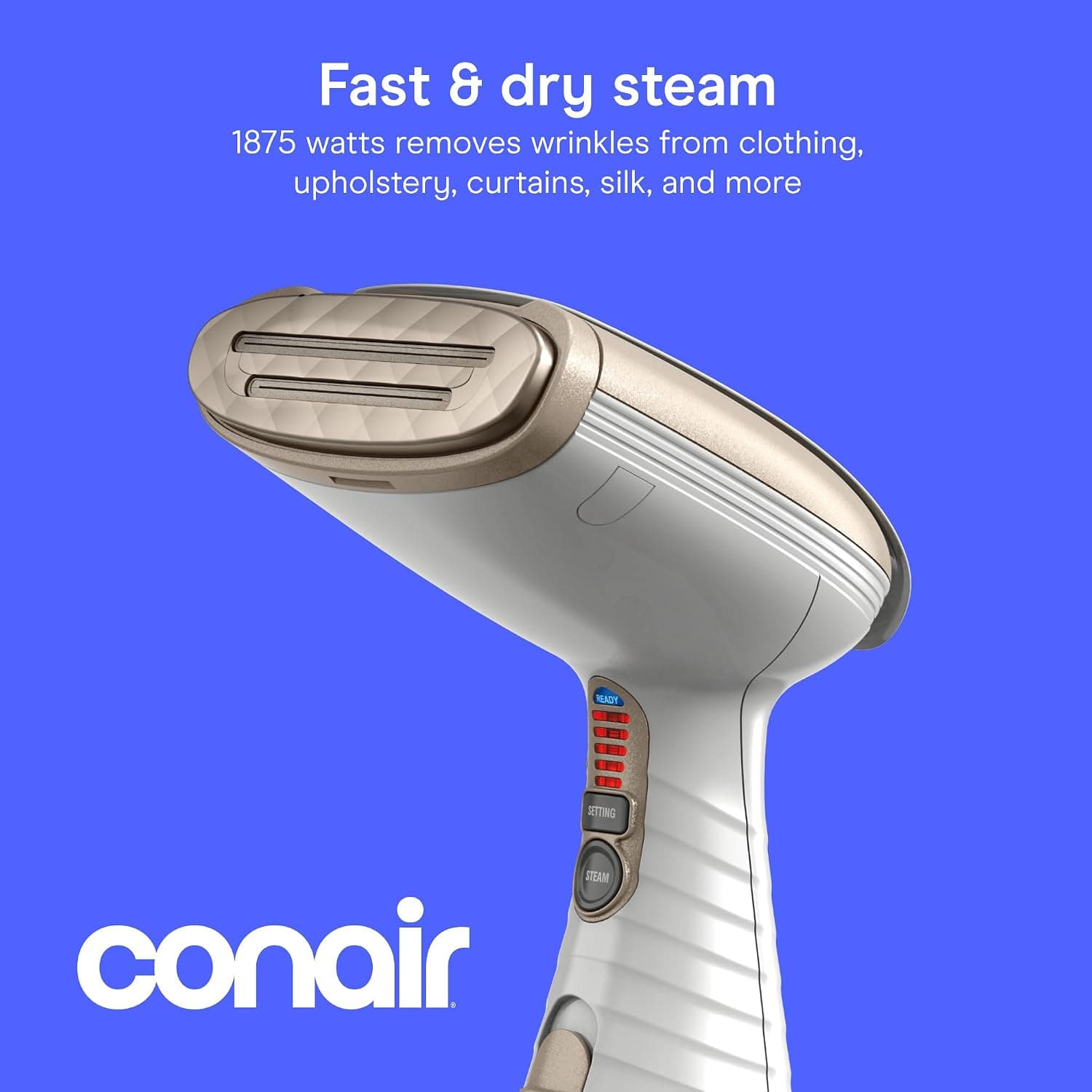 Conair Handheld Garment Steamer for Clothes, Turbo ExtremeSteam 1875W Fabric Steamer, Portable Handheld Design, Strong Penetrating Steam, White/Champagne