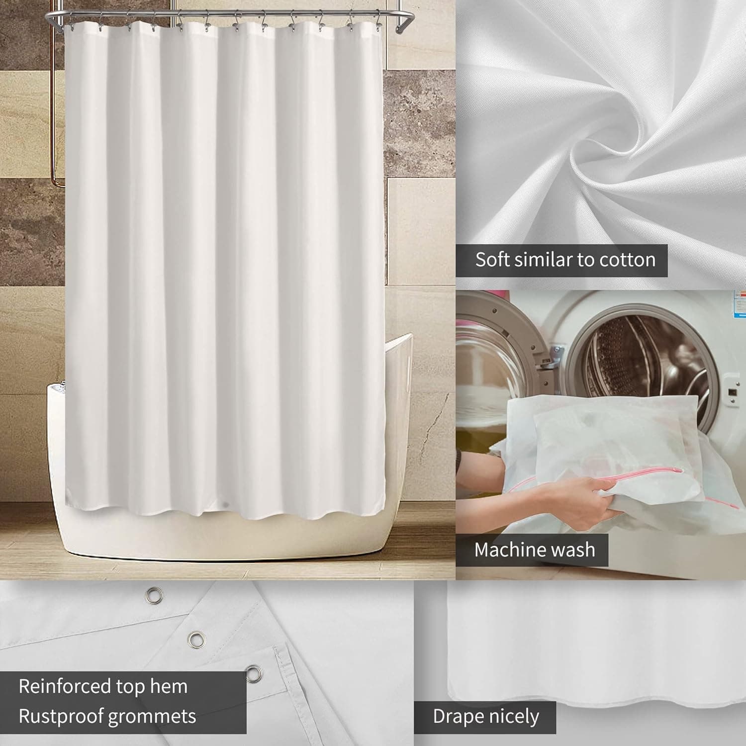 ALYVIA SPRING Waterproof Fabric Shower Curtain or Liner White, 72x72 | 3 Magnets, Soft Cloth & Hotel Quality, Machine Washable, Light-Weight, Standard Size