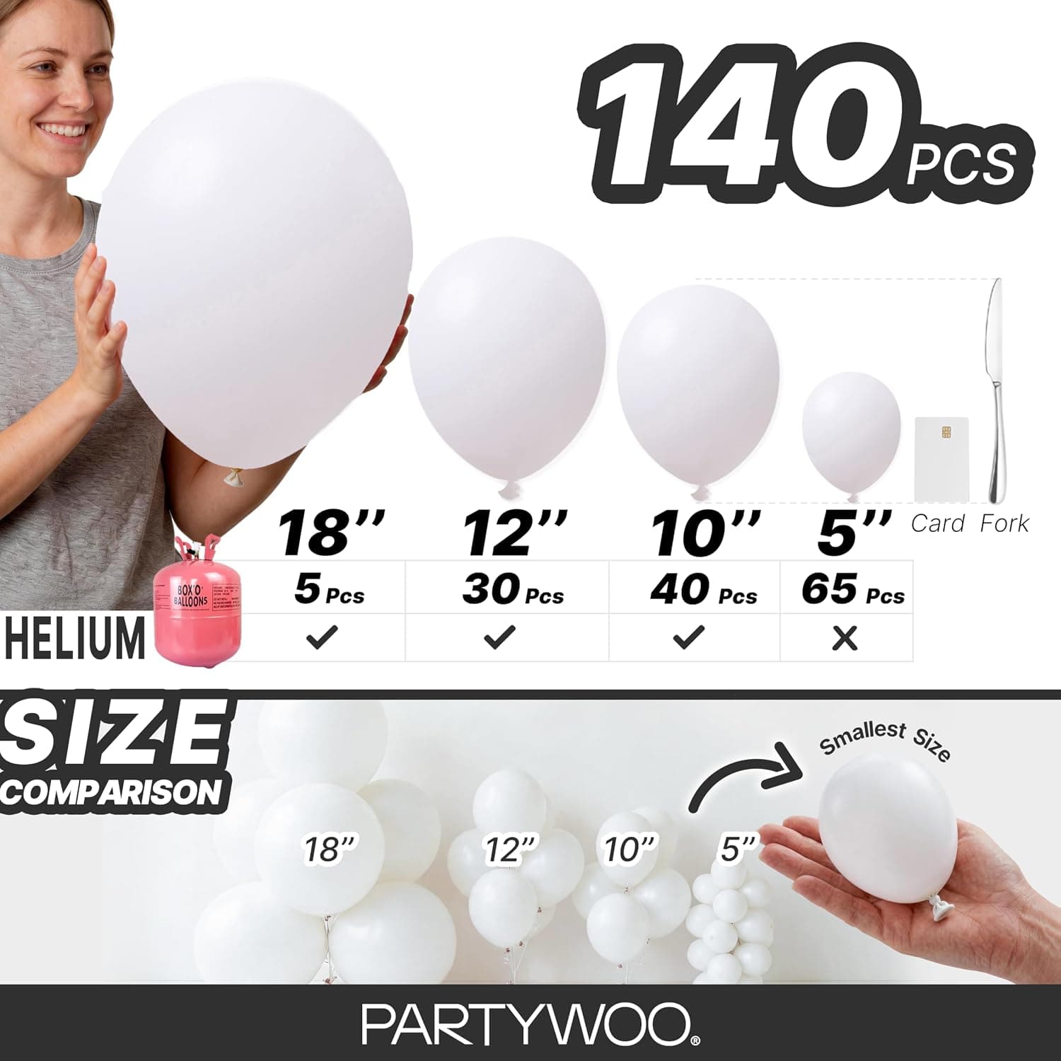 PartyWoo White Balloons 140pcs Different Sizes of 18 12 10 5 Inch | 18 12 10 5 Inch for Wedding Bridal Graduation Baby Shower Birthday Bridal Shower Gender Reveal Party Decorations White-Y13