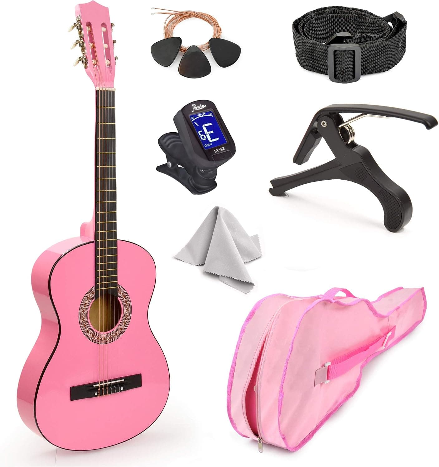 MasterPlay Kids Guitar, 30” Beginner Classical Wood Guitar For Learners, With starter kit, Bag, Strap, Tuner, Pick, Extra String, Cleaning cloth, Christmas, Birthday Gift for Girls Ages 5-12, Pink