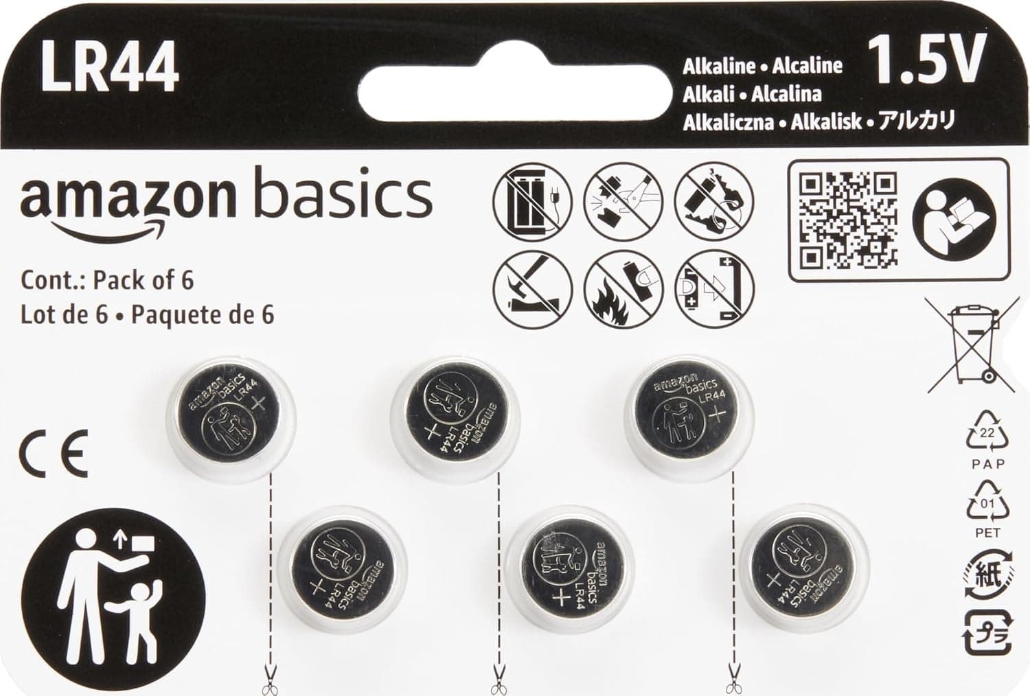 Amazon Basics 6-Pack LR44 Alkaline Button Cell Replacement Battery, 1.5 Volt, Long Lasting Power, Mercury-Free