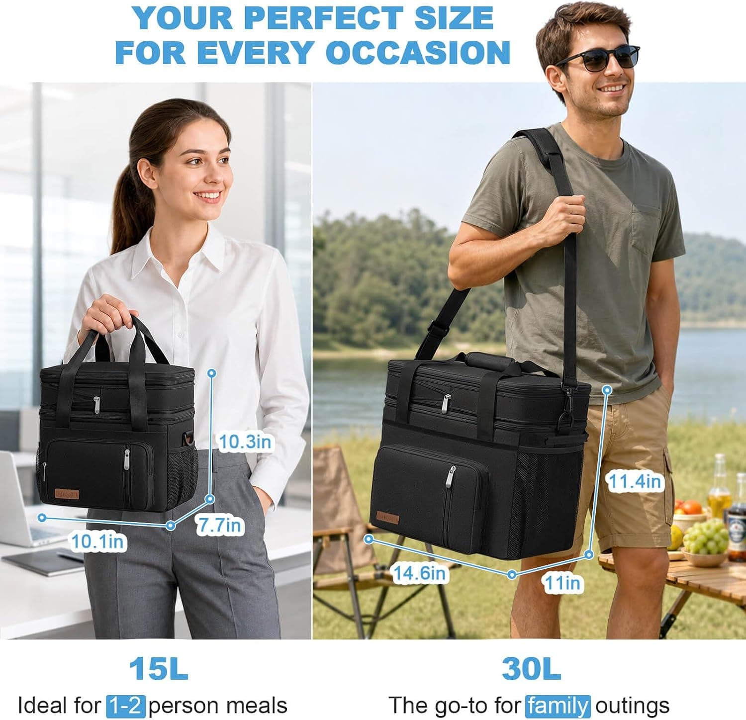MIYCOO Lunch Bag & Lunch Box for Men Women, Double Deck & Leakproof | Insulated Soft Large Adult Camping Cooler bag for Work, Beach, Picnic, Travel (Black, 15L)