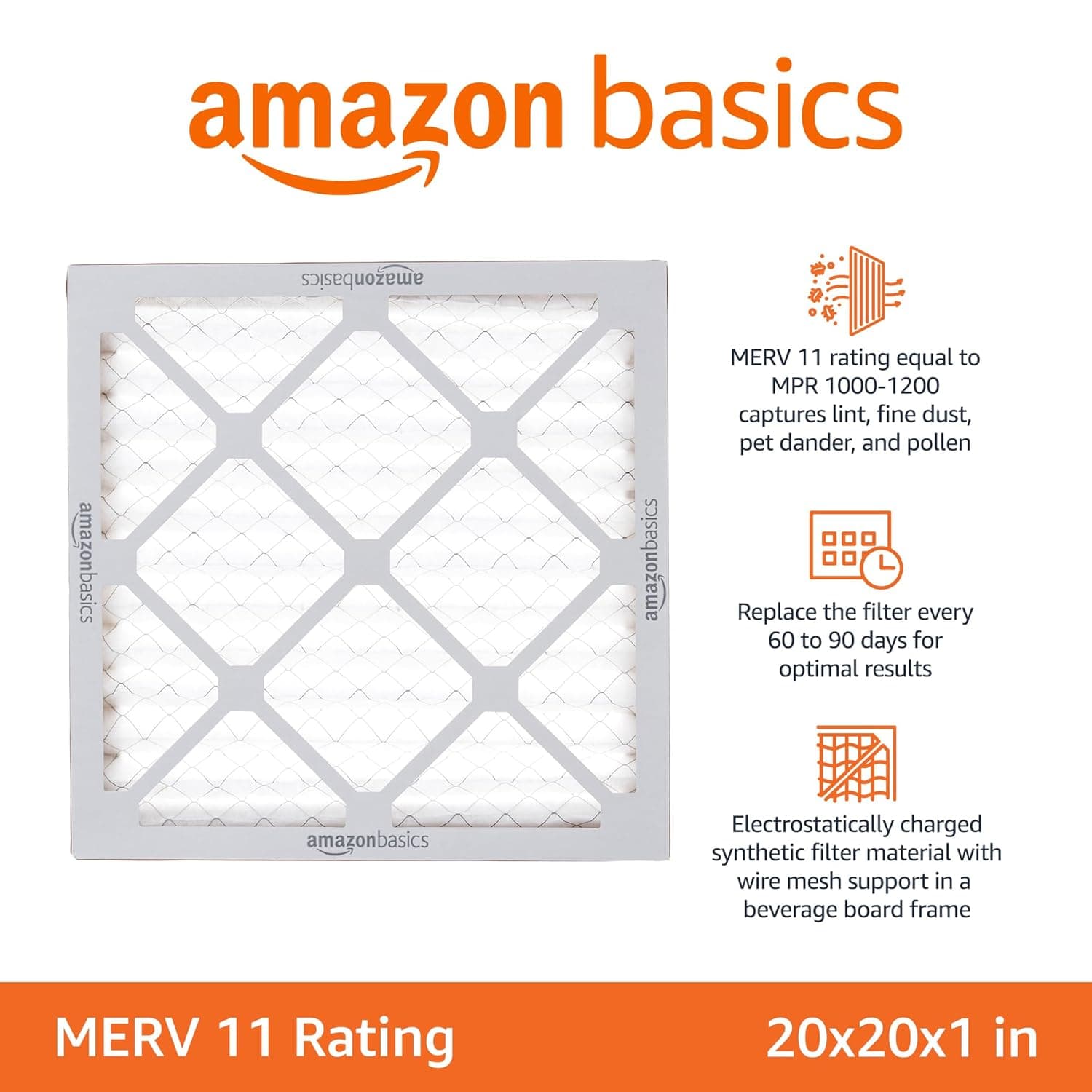 Amazon Basics 20x20x1 Air Filter 6-Pack, MERV 11 AC Furnace Filters, Dust, Pet, Allergen Control , Electrostatic (Actual Size: 19.75 x 19.75 x .75)