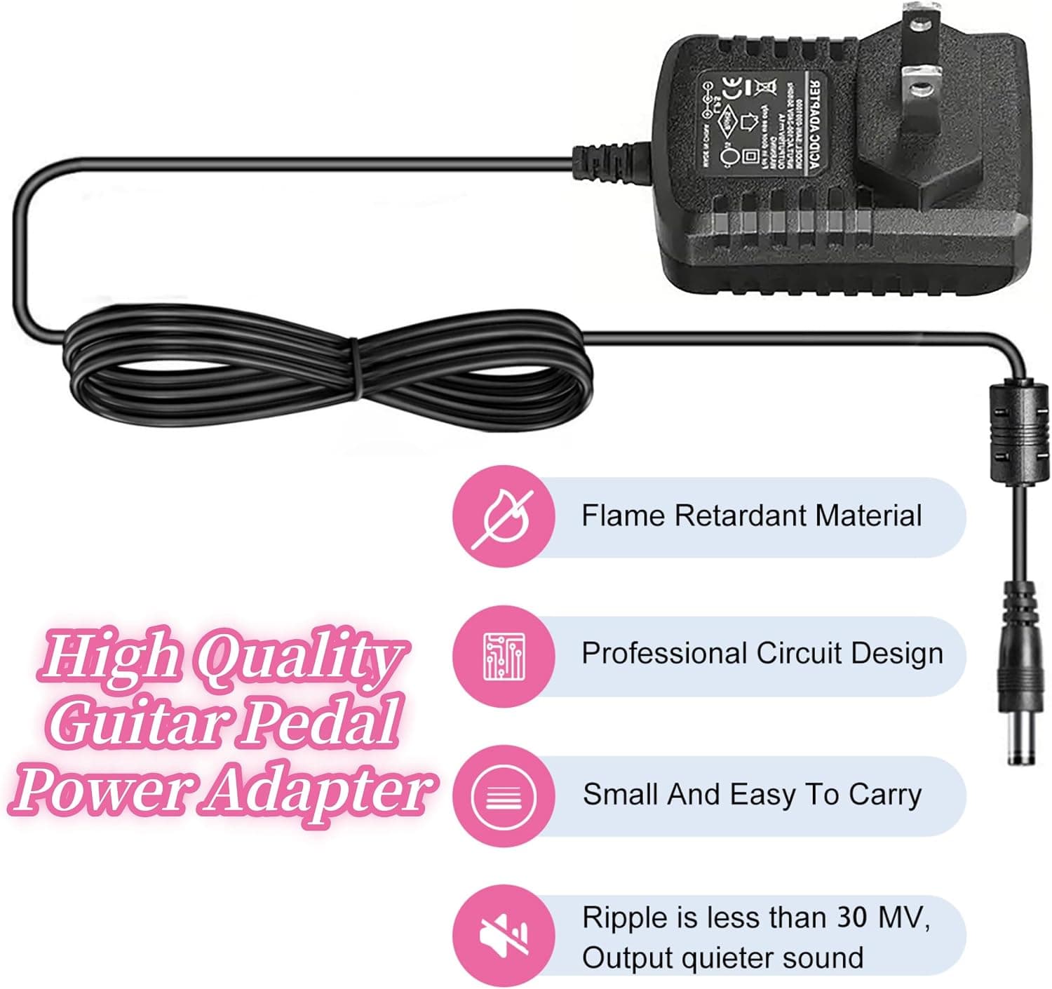 Guitar Pedal Power Supply DC 9V 1A (10mA -1000mA) Center Negative | External Positive Low Noise AC Wall Adapter With 1to8 Way Daisy Chain Cables Power Splitter for Most Guitar Effect Pedals