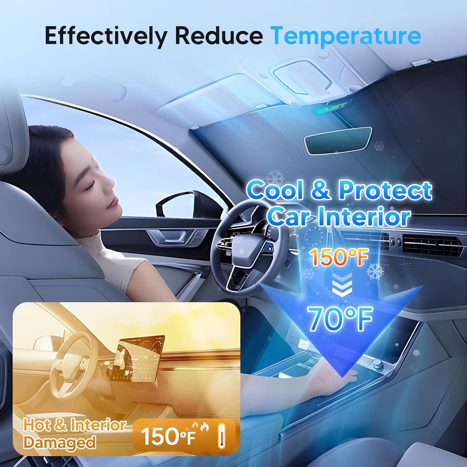 KUST Windshield Sun Shade for 2017-2026 Tesla Model Y/Model 3 Sunshade Accessories (Fit 2025-2026 Model Y Juniper / 2024 Model 3 Highland) Upgraded Foldable Sunshade, Blocks UV Rays Keep Car Cool